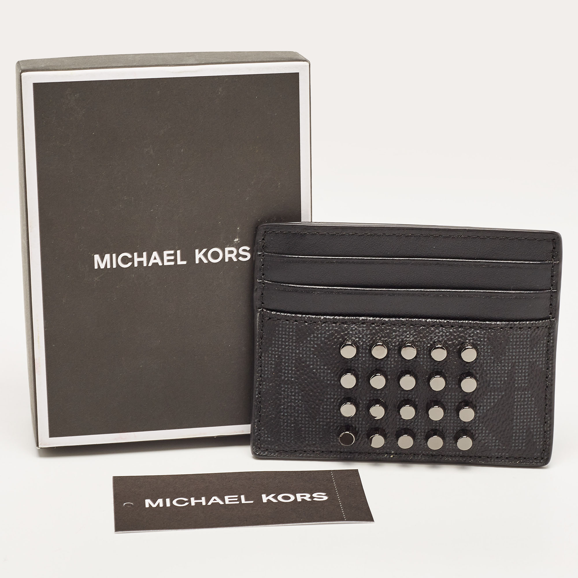 Michael Kors Black Signature Coated Canvas And Leather Studded Tall Card Case