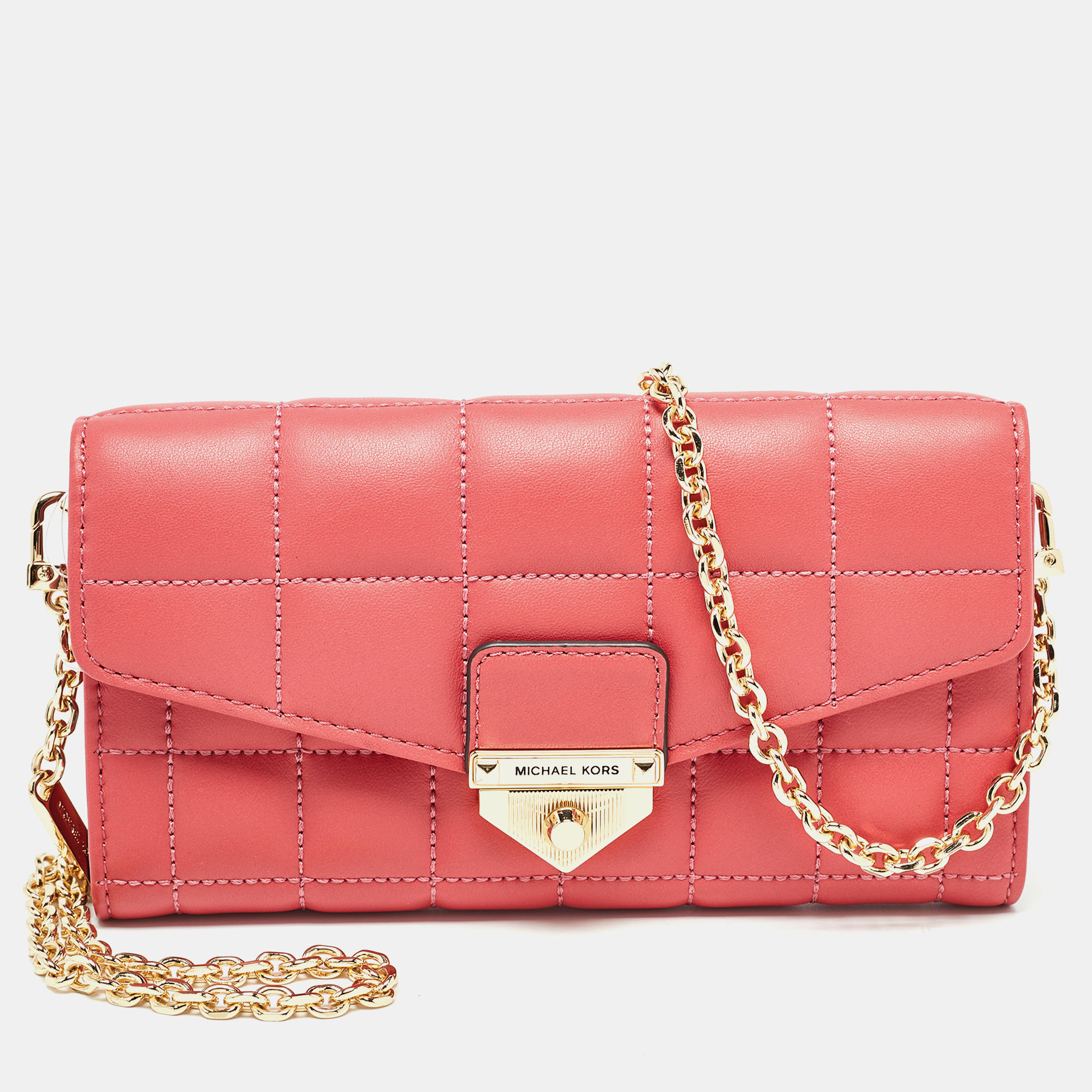 Michael kors rose red quilted leather large soho wallet on chain