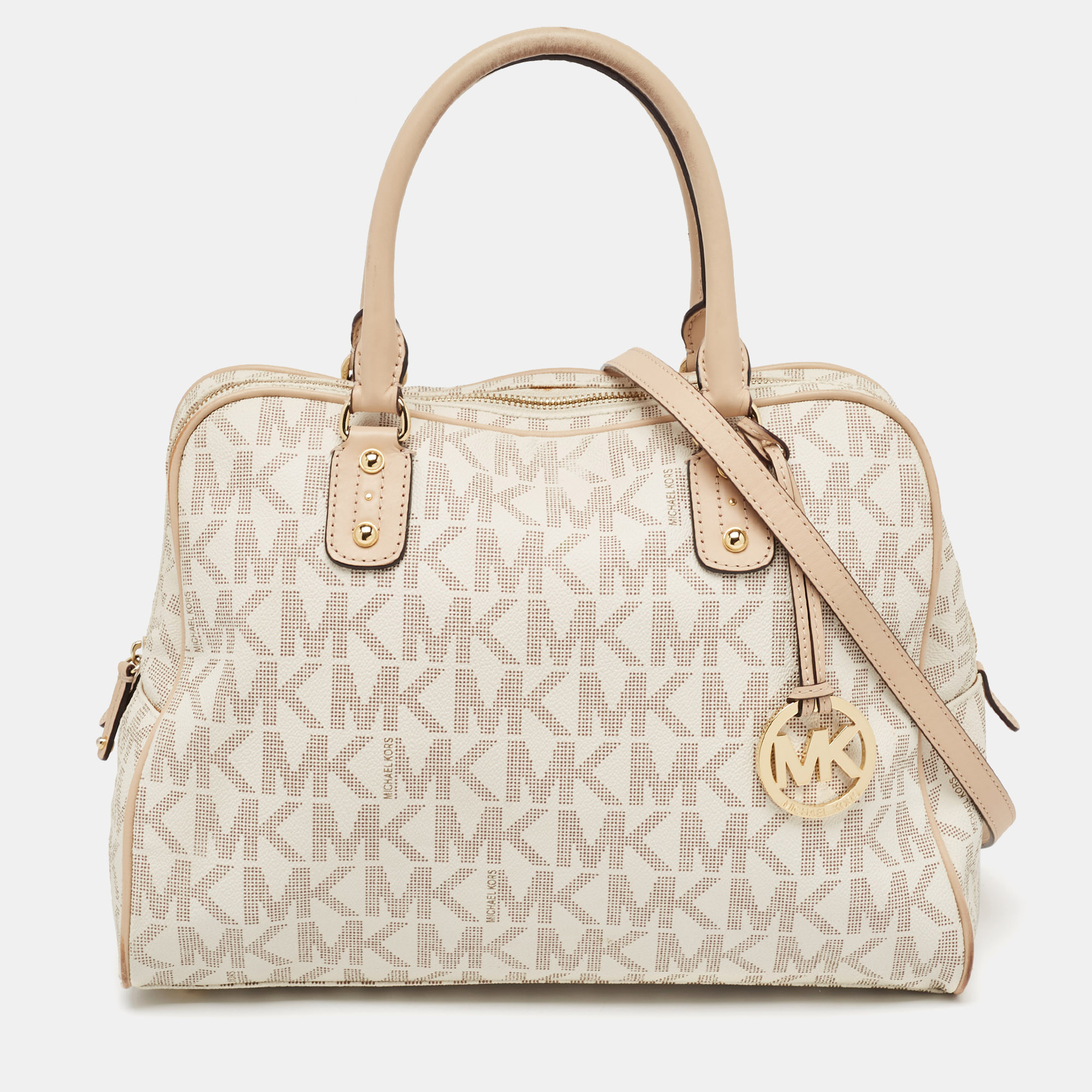Michael kors beige/white signature coated canvas and leather charm satchel