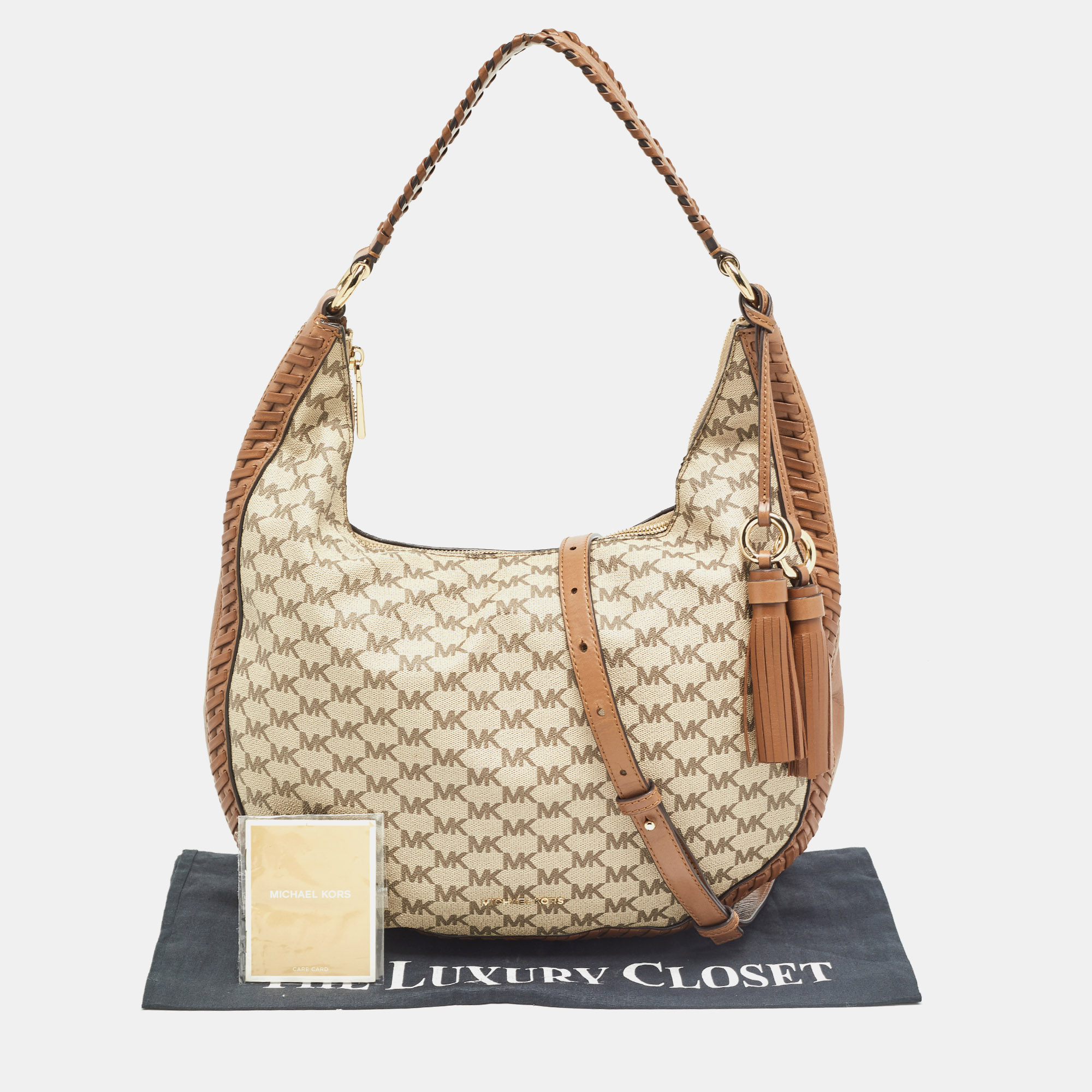 Michael Kors Beige/Brown Signature Coated Canvas And Leather Lauryn Hobo