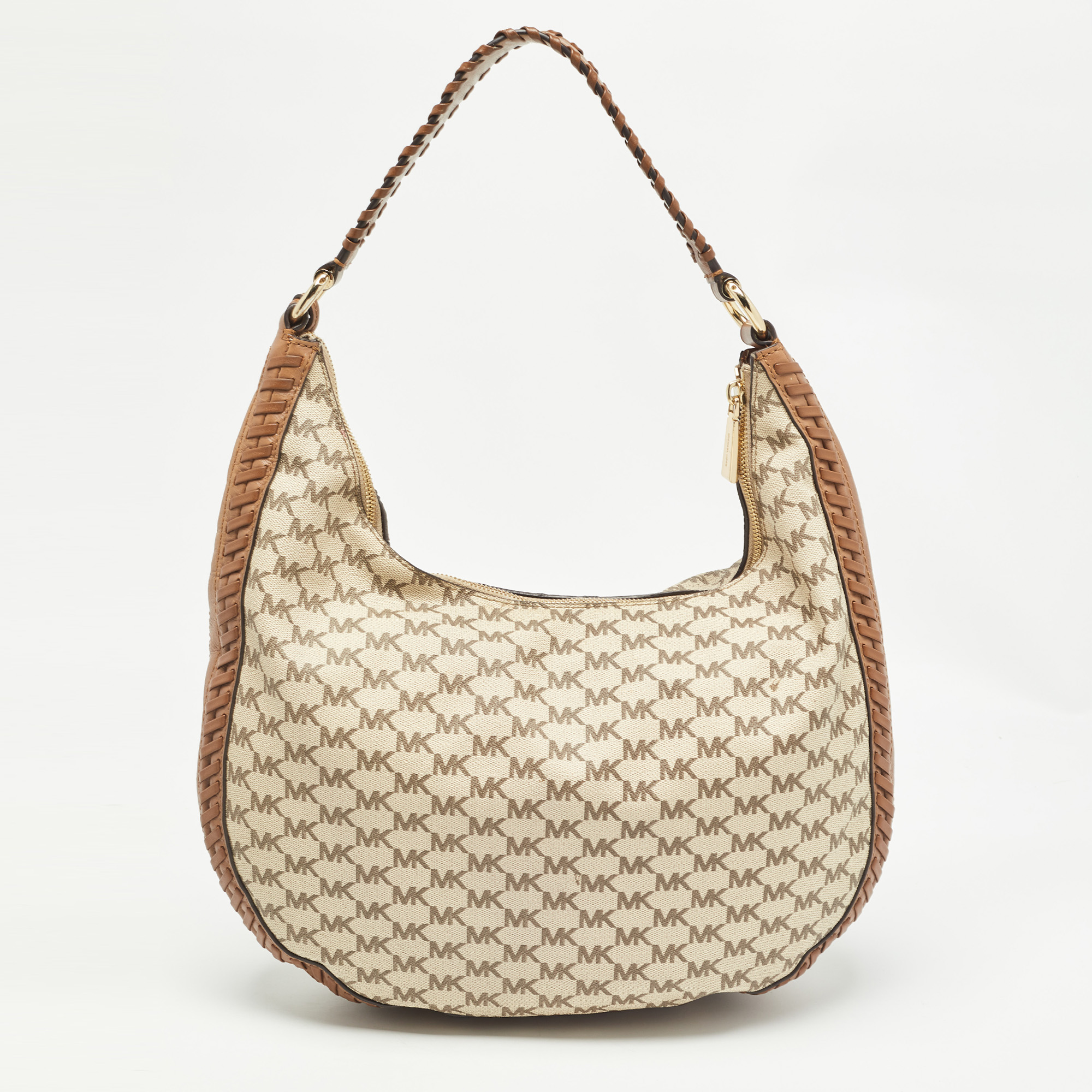 Michael Kors Beige/Brown Signature Coated Canvas And Leather Lauryn Hobo