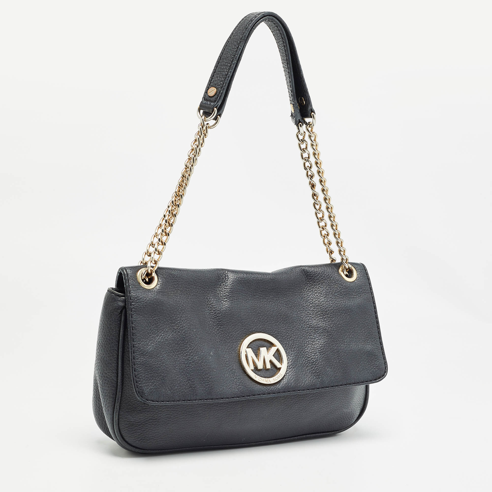 Michael Kors Black Leather Fulton Flap Shoulder Bag