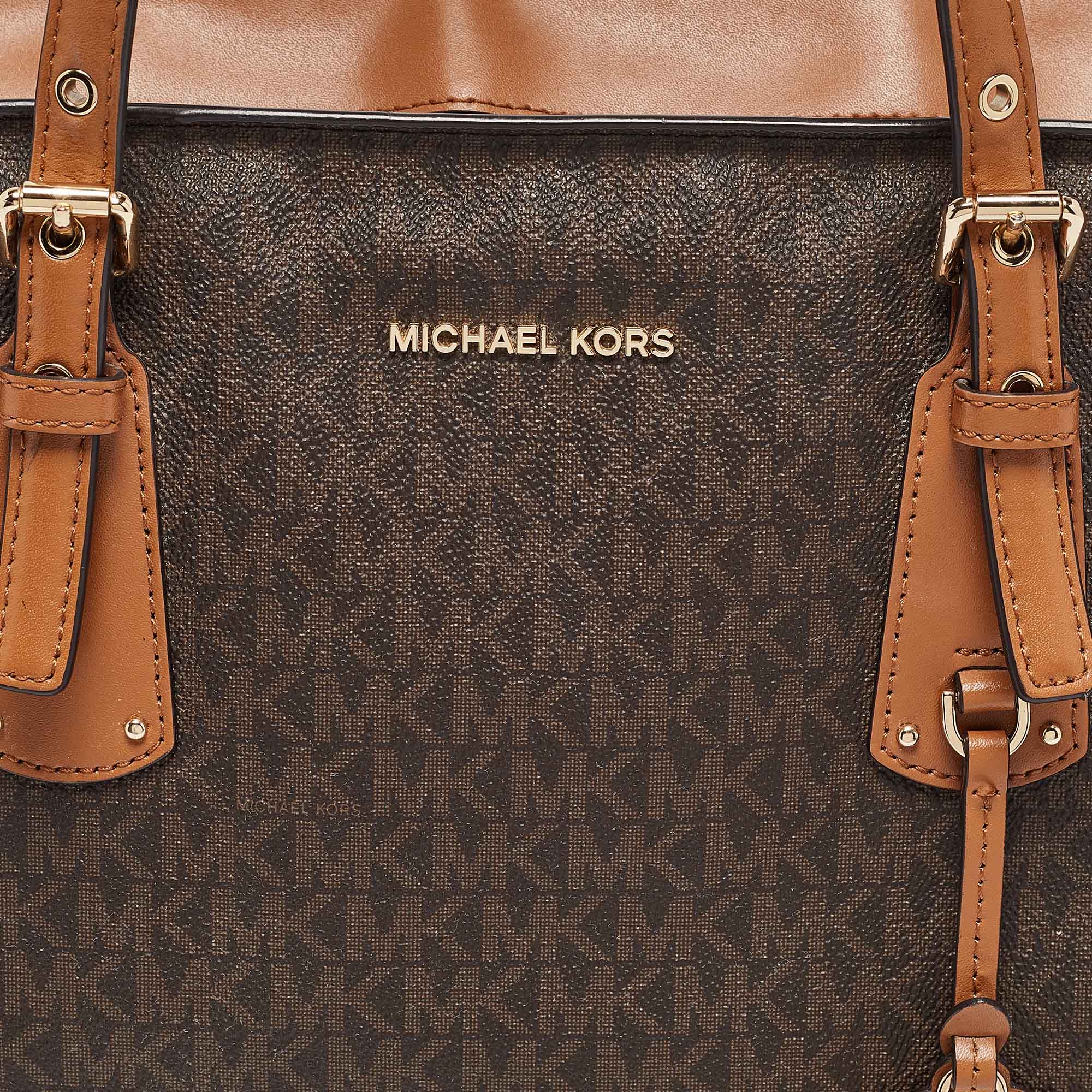 Michael Kors Brown Signature Coated Canvas And Leather Voyager Shopper Tote