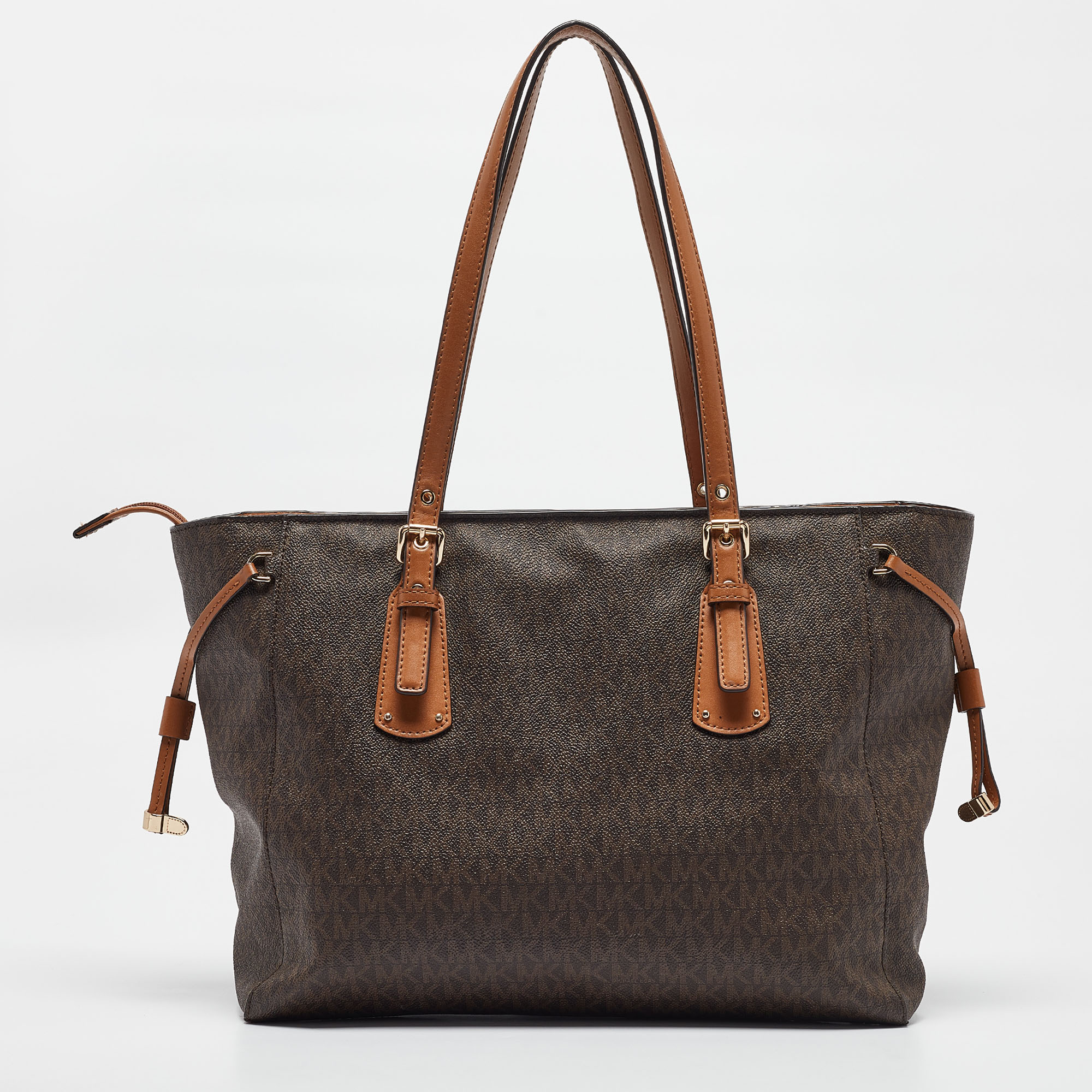 Michael Kors Brown Signature Coated Canvas And Leather Voyager Shopper Tote