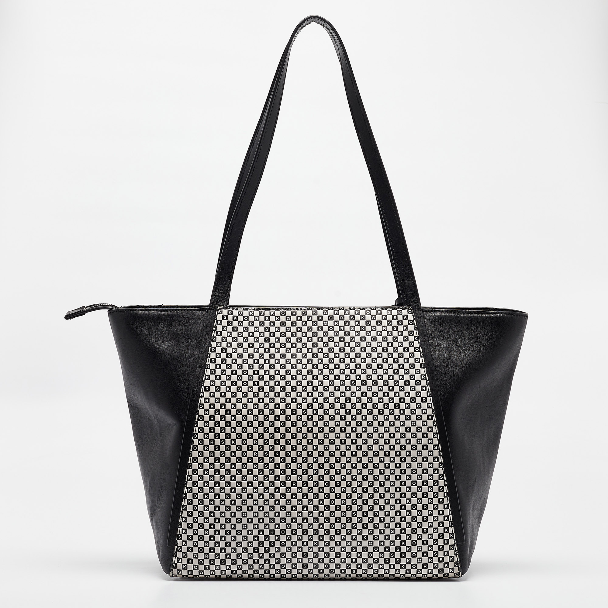 Michael Kors Black/White Checkboard Logo Leather Large Whitney Tote