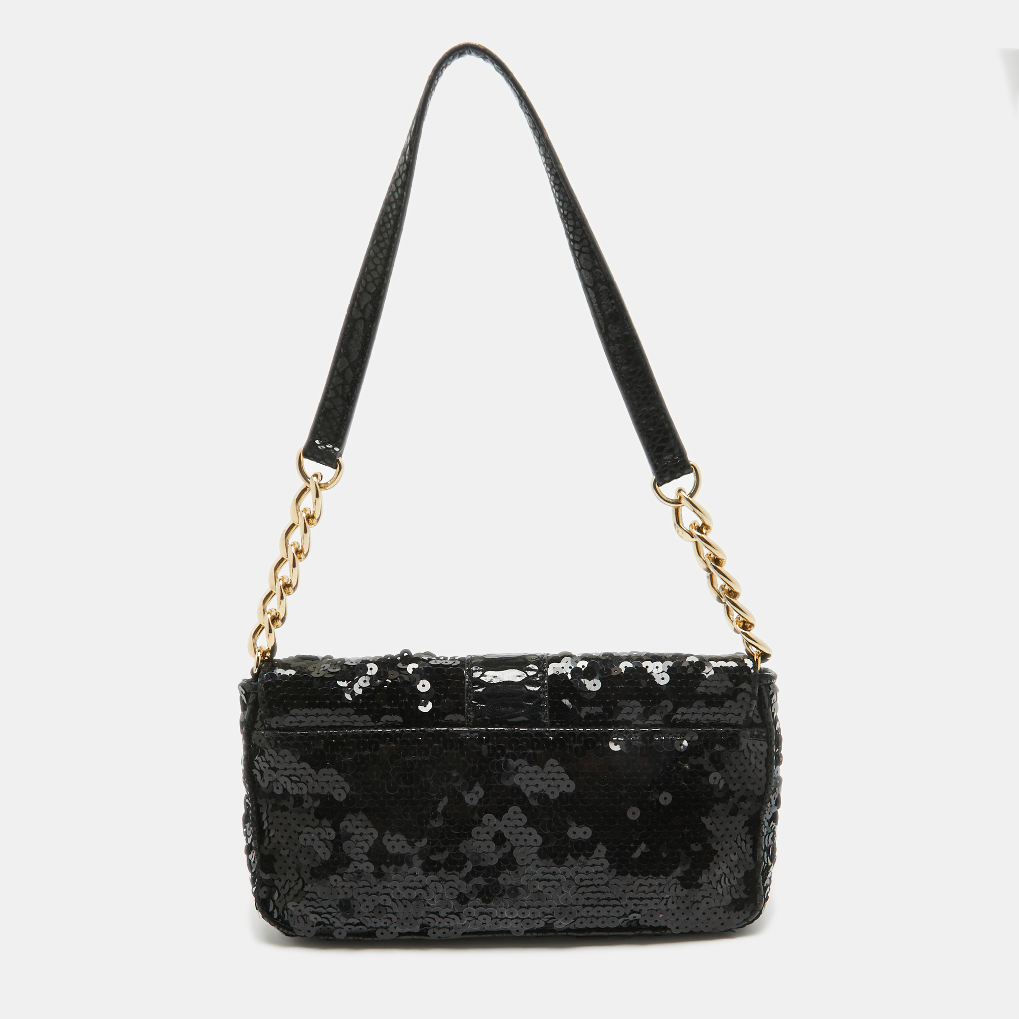 Michael Kors Black Python Embossed And Sequins Logo Flap Shoulder Bag