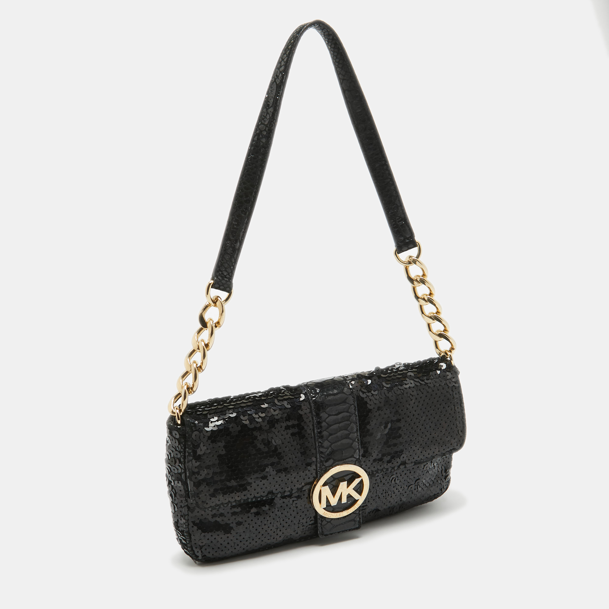 Michael Kors Black Python Embossed And Sequins Logo Flap Shoulder Bag