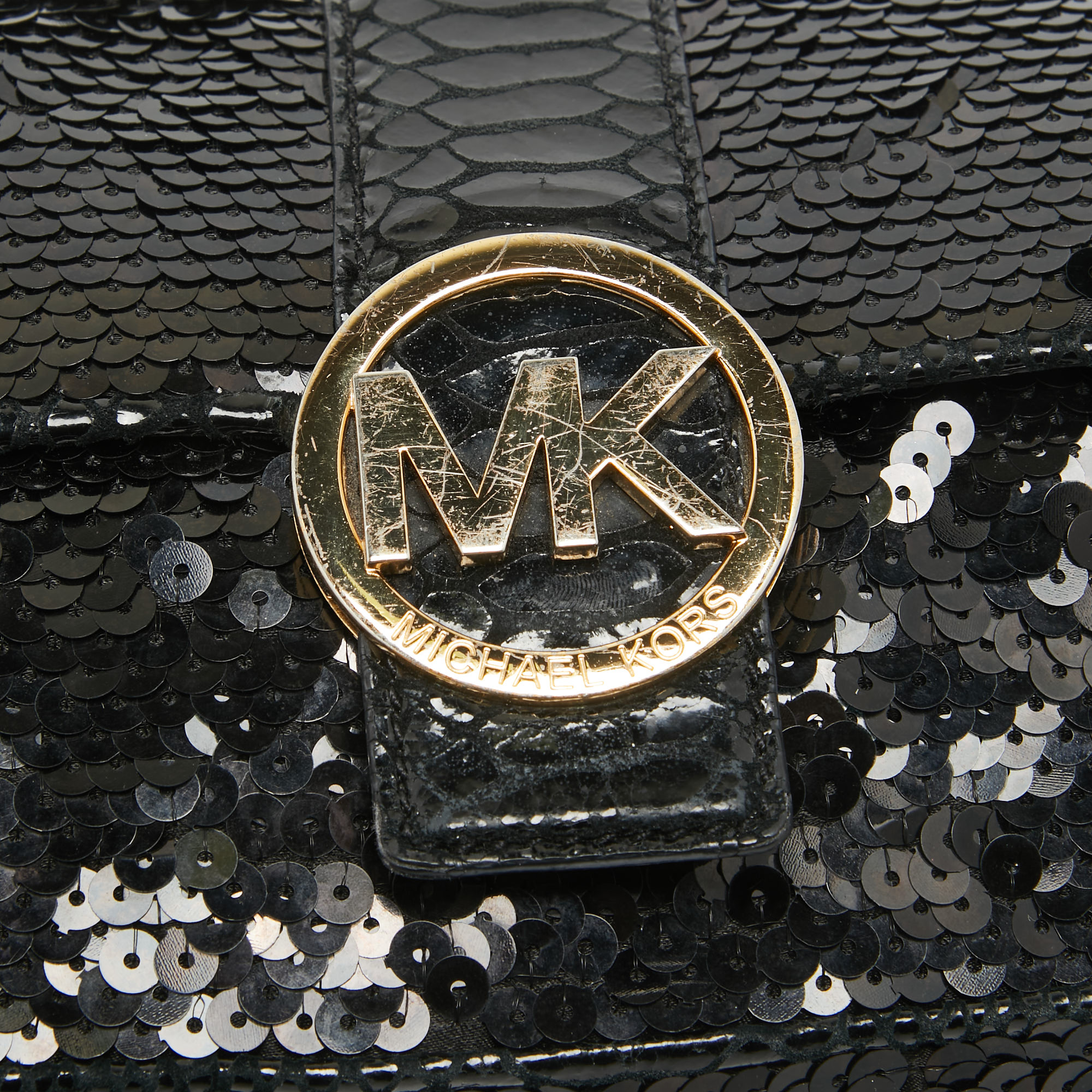 Michael Kors Black Python Embossed And Sequins Logo Flap Shoulder Bag