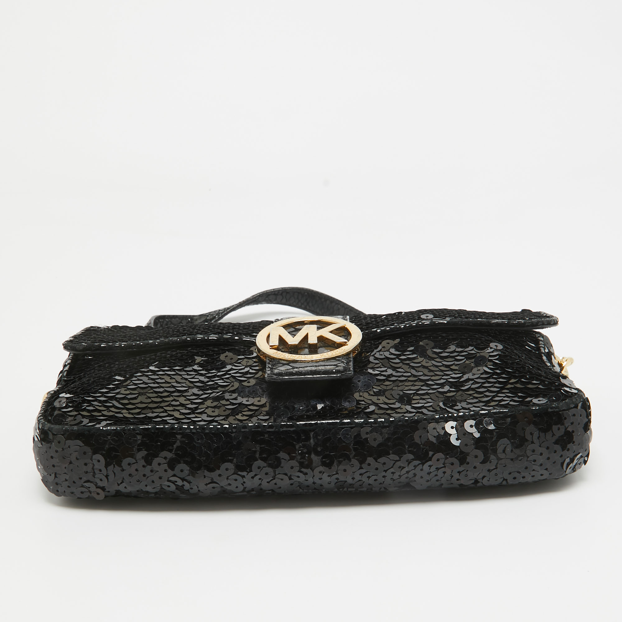 Michael Kors Black Python Embossed And Sequins Logo Flap Shoulder Bag