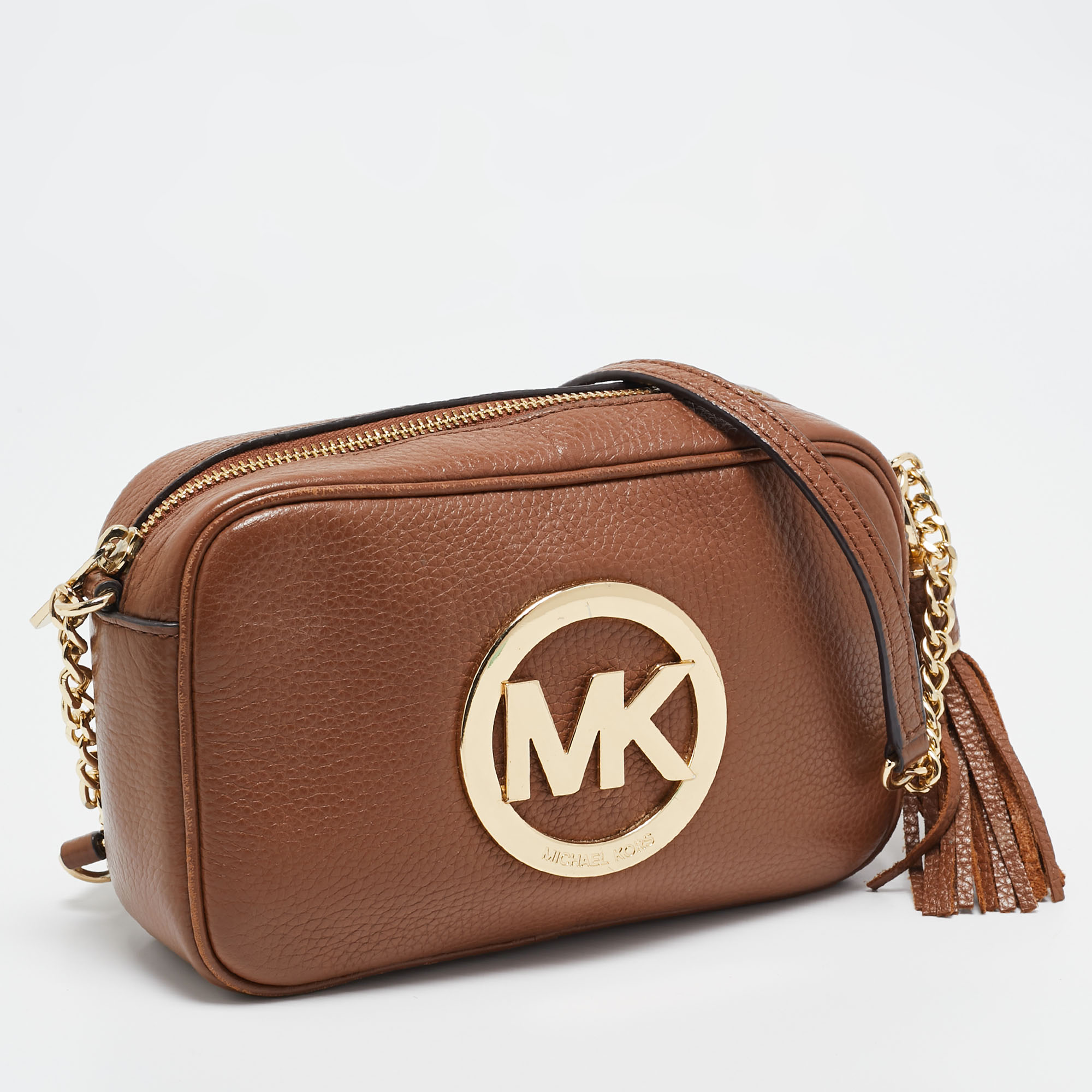 Michael Kors Brown Leather Logo Camera Crossbody Bag