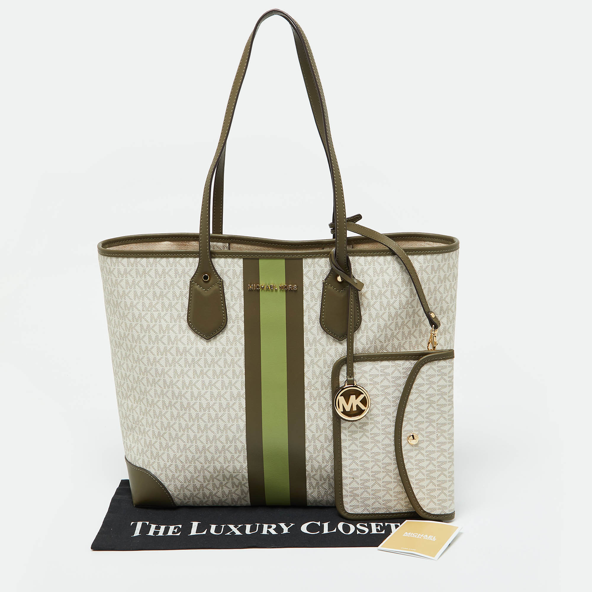 Michael Kors White/Green Signature Coated Canvas And Leather Large Jet Set Tote