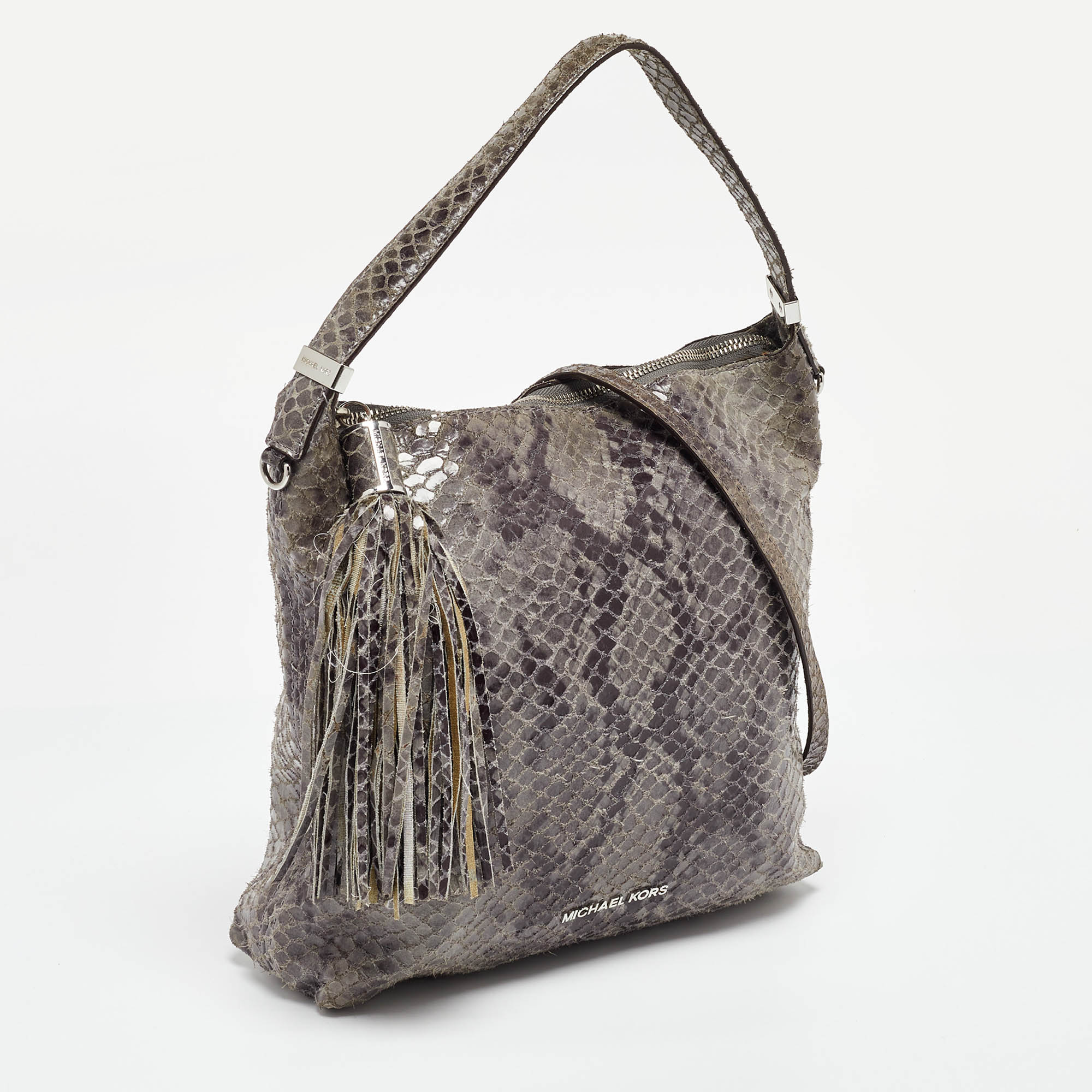 Michael Kors Grey Snakeskin Embossed Leather Bedford Shoulder Bag