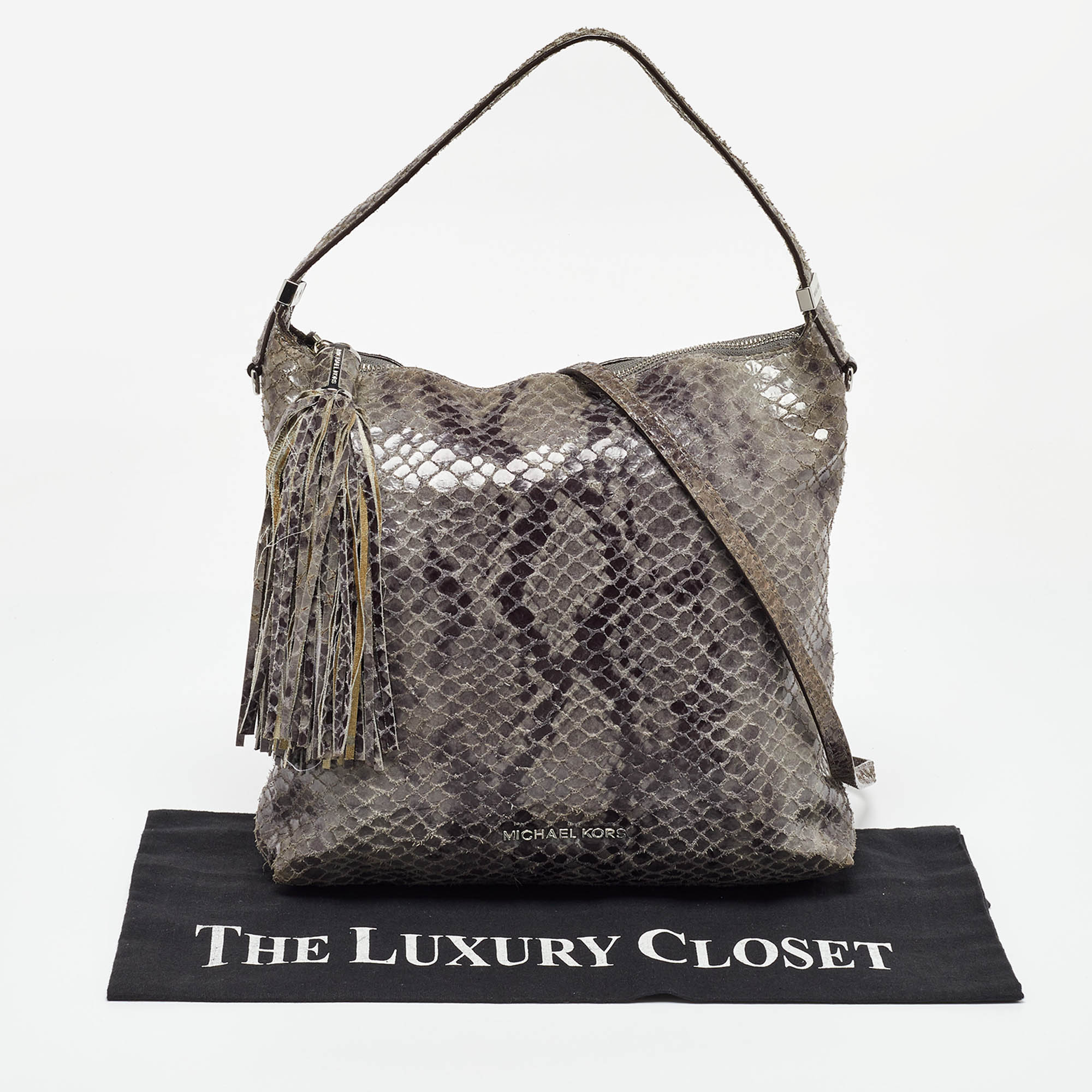 Michael Kors Grey Snakeskin Embossed Leather Bedford Shoulder Bag