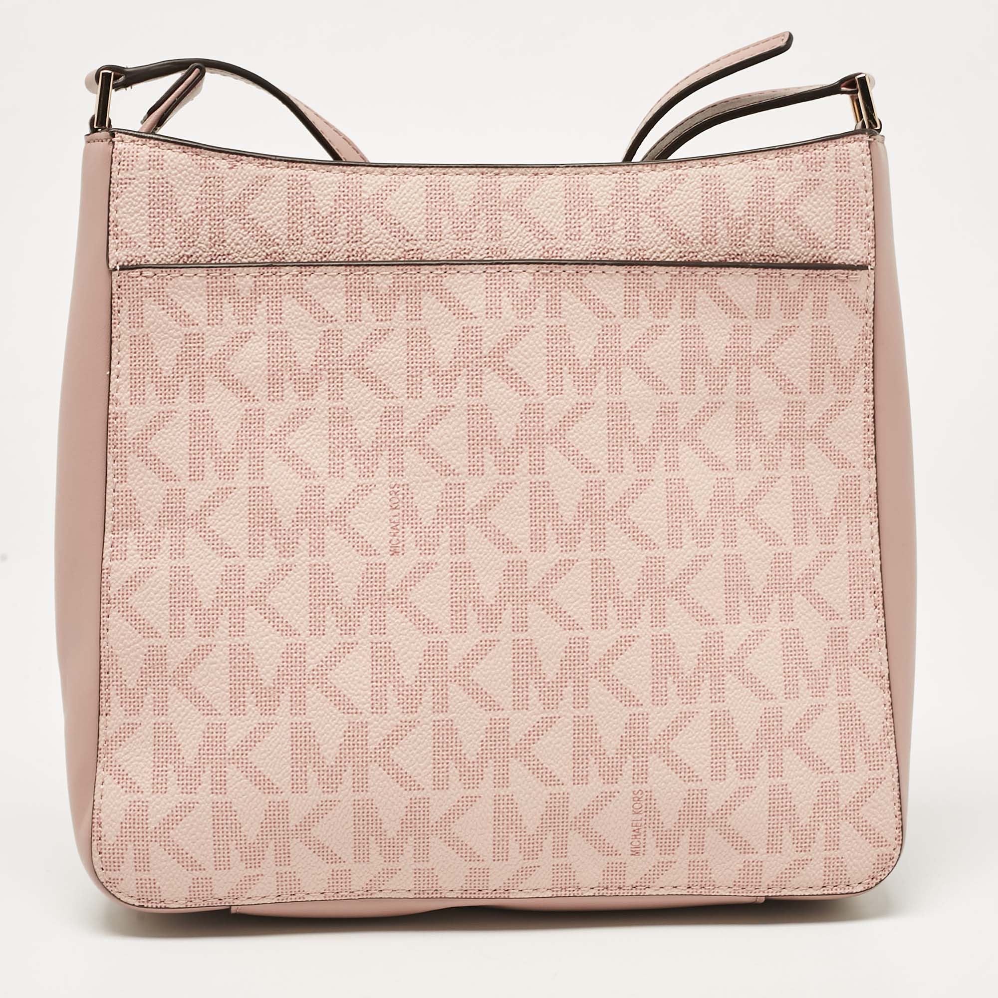 Michael Kors Pink Center Stripe Gloria Signature Coated Canvas And Leather Crossbody Bag