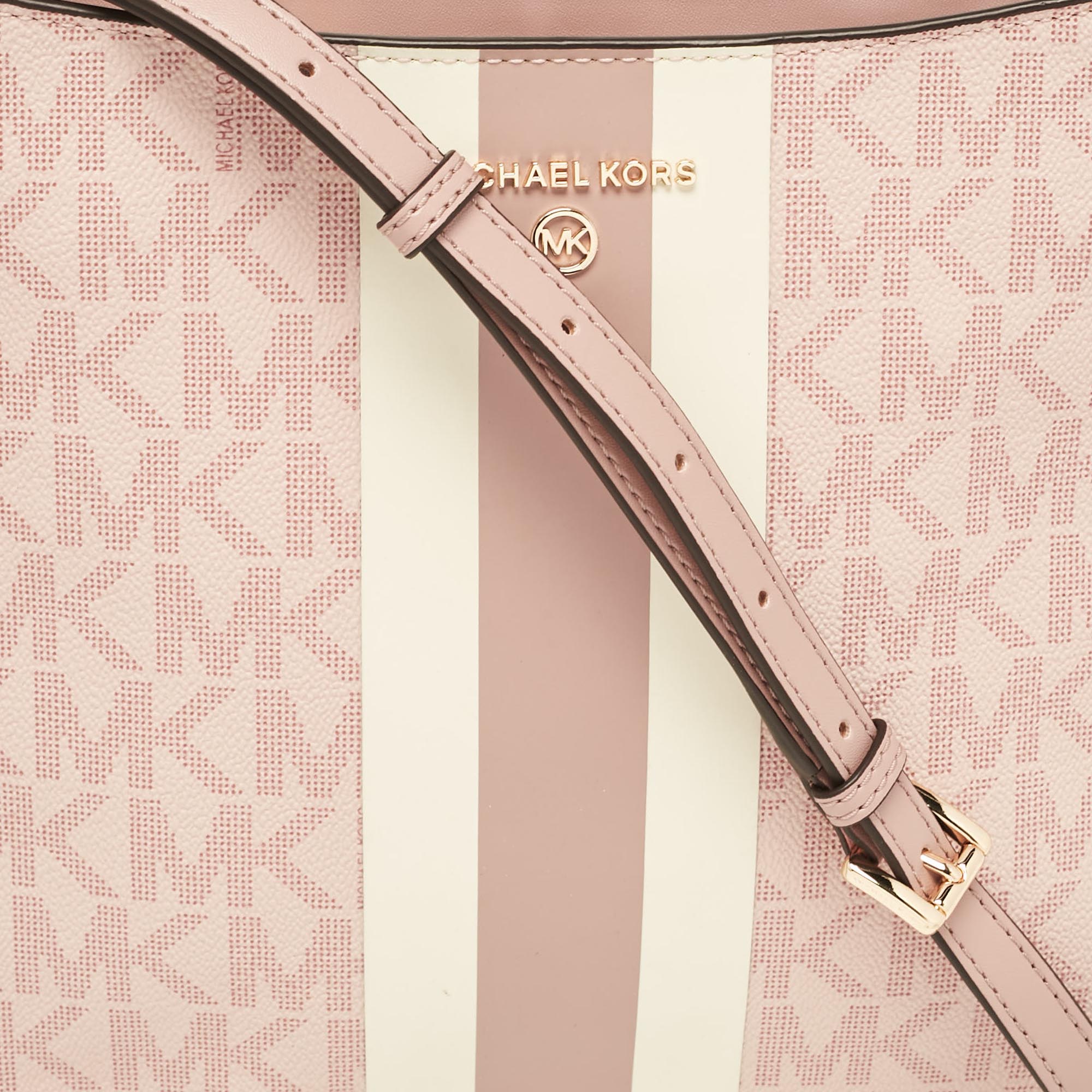 Michael Kors Pink Center Stripe Gloria Signature Coated Canvas And Leather Crossbody Bag