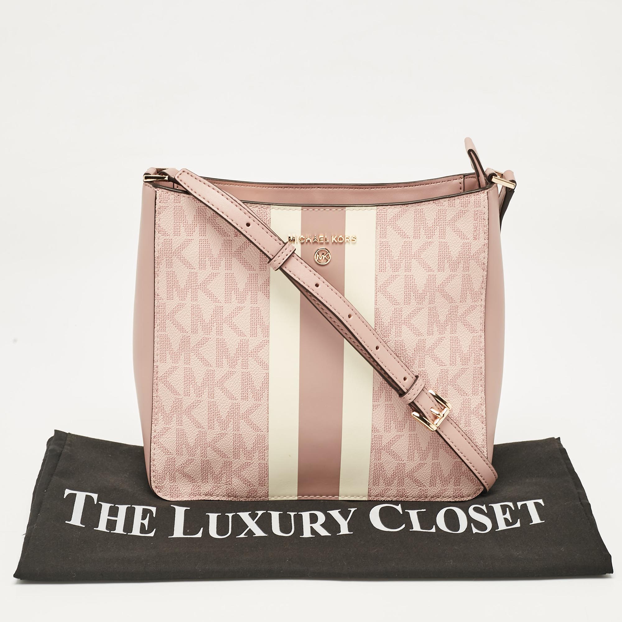 Michael Kors Pink Center Stripe Gloria Signature Coated Canvas And Leather Crossbody Bag