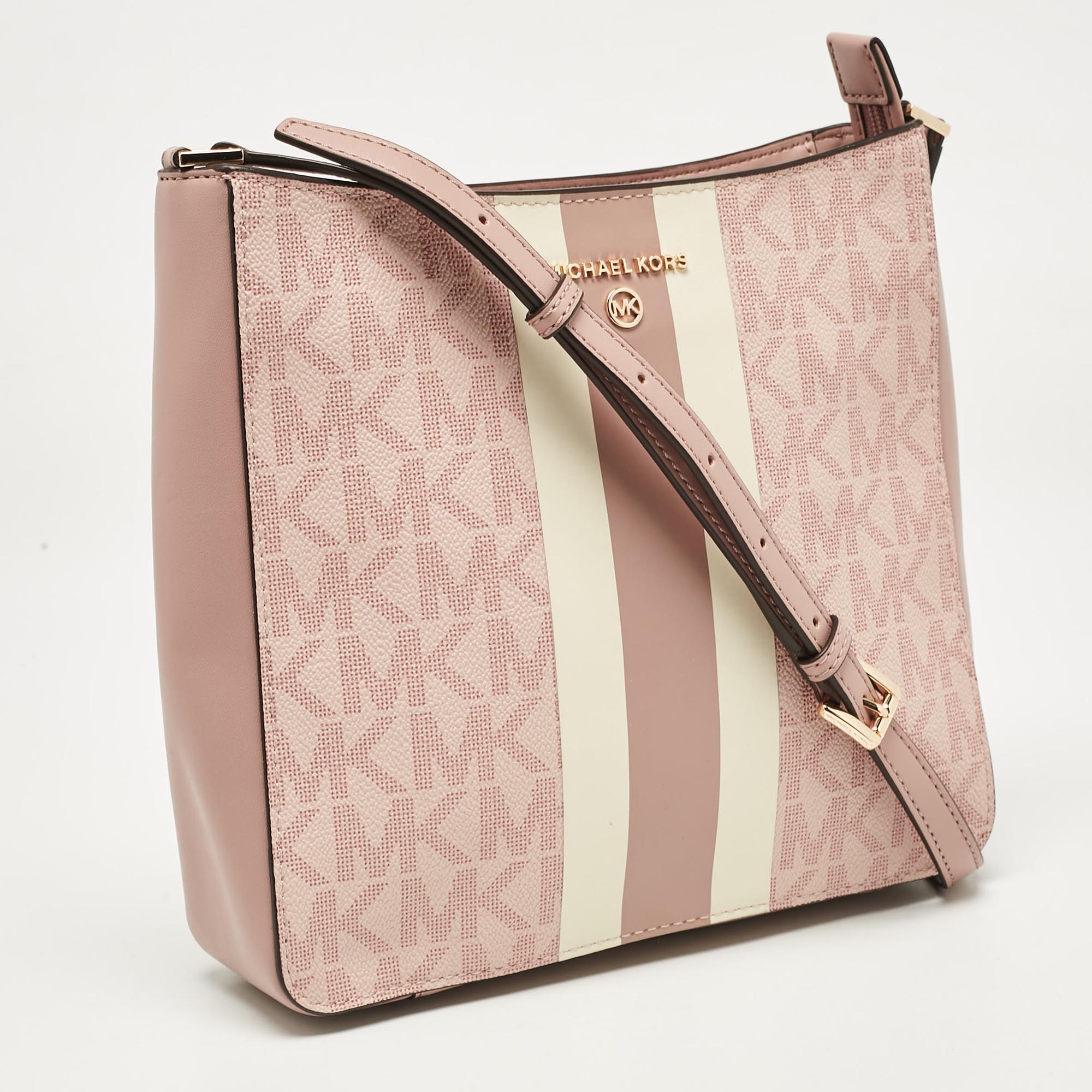 Michael Kors Pink Center Stripe Gloria Signature Coated Canvas And Leather Crossbody Bag