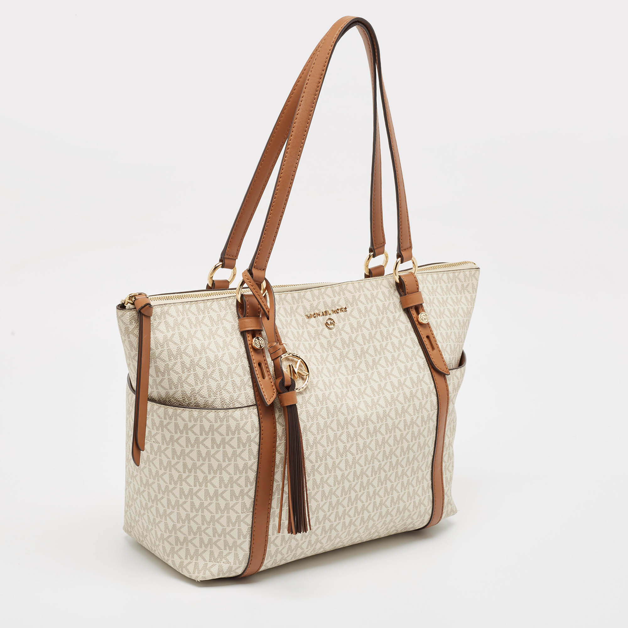 Michael Kors White/Brown Siganture Coated Canvas Large Sullivan Top Zip Tote