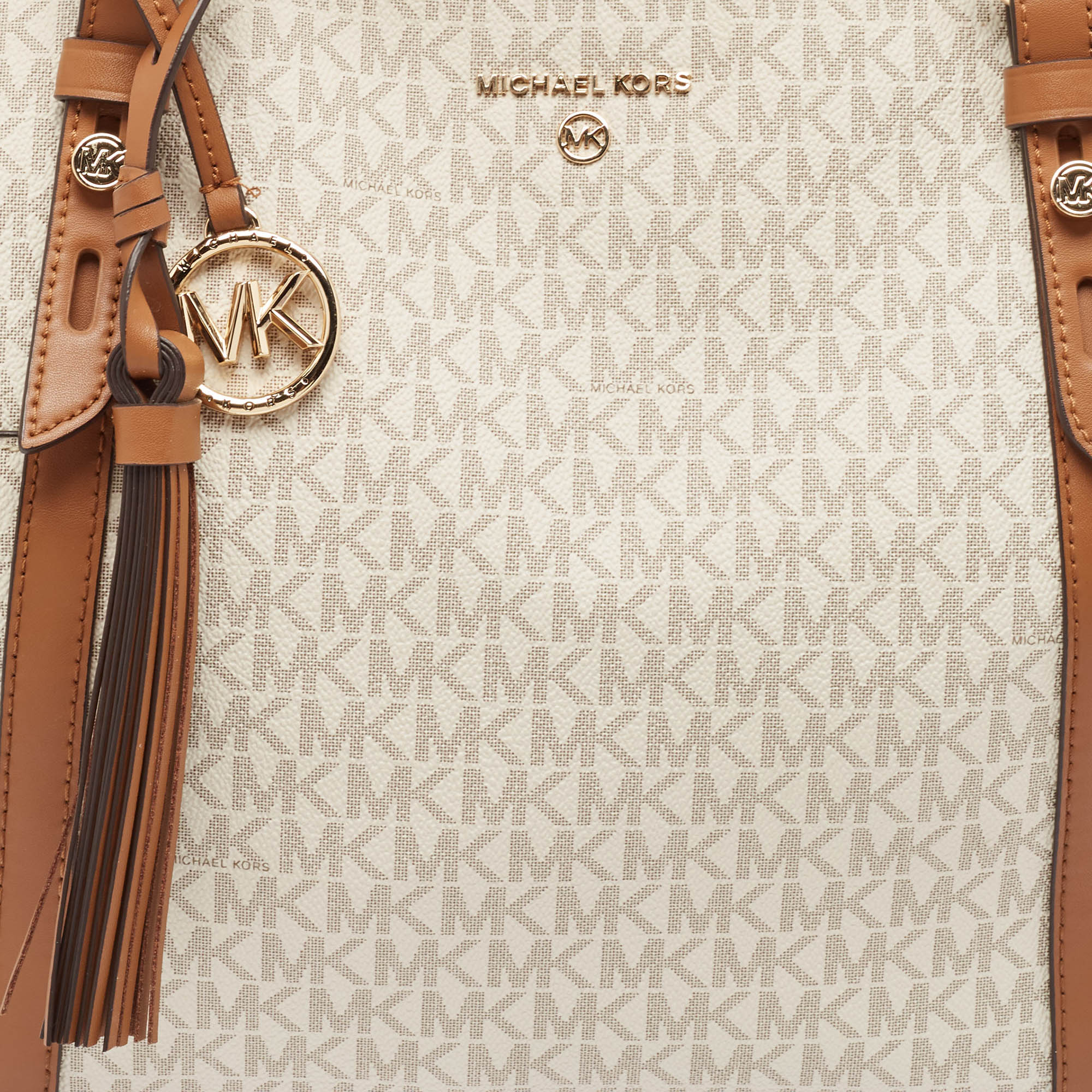 Michael Kors White/Brown Siganture Coated Canvas Large Sullivan Top Zip Tote