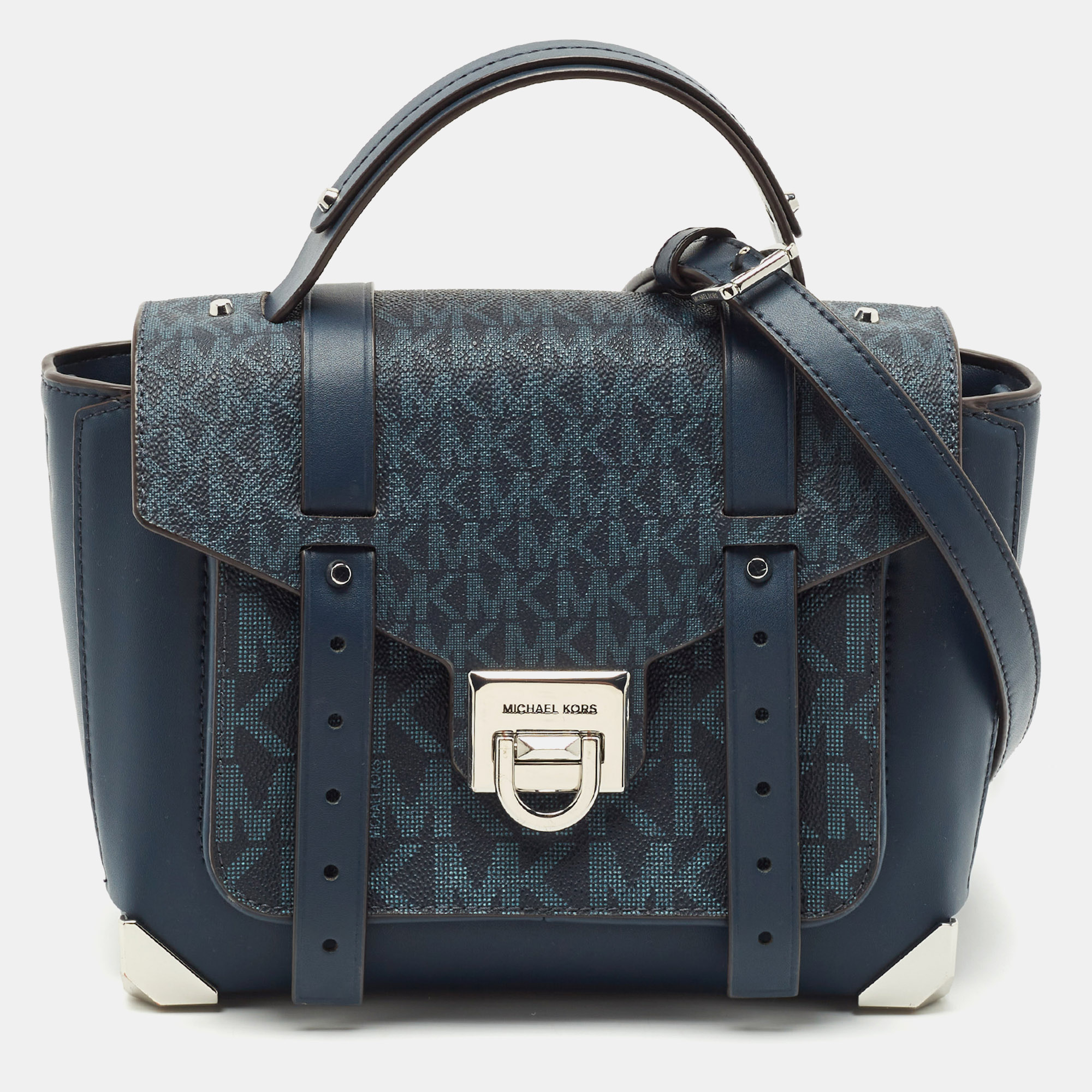 Michael Kors Navy Blue Signature Coated Canvas Manhattan Top Handle Bag
Michael Kors Navy Blue Signature Coated Canvas Manhattan Top Handle Bag