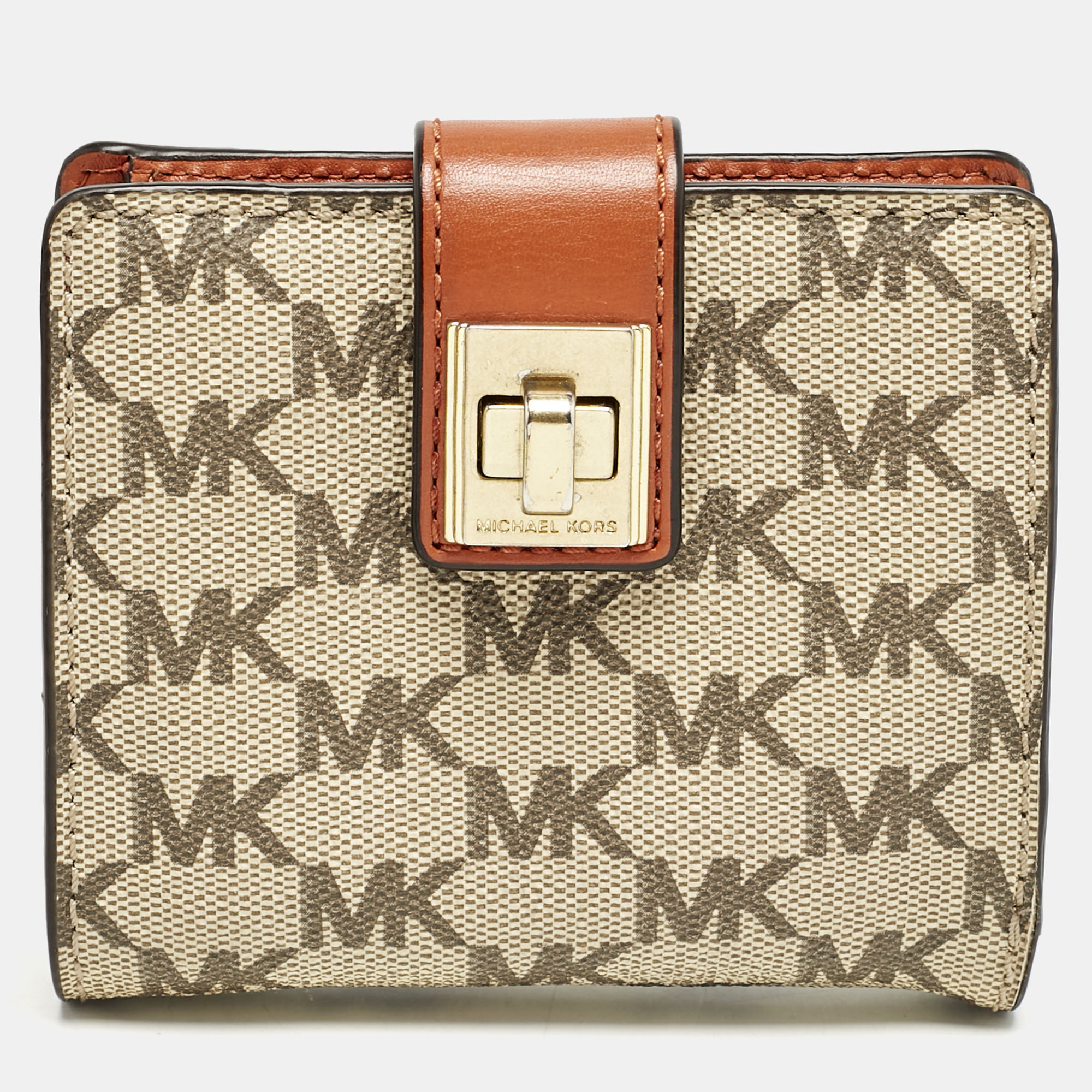 Michael Kors Beige/Orange Signature Coated Canvas Natalie Heritage Compact Wallet
Michael Kors Beige/Orange Signature Coated Canvas Natalie Heritage Compact Wallet