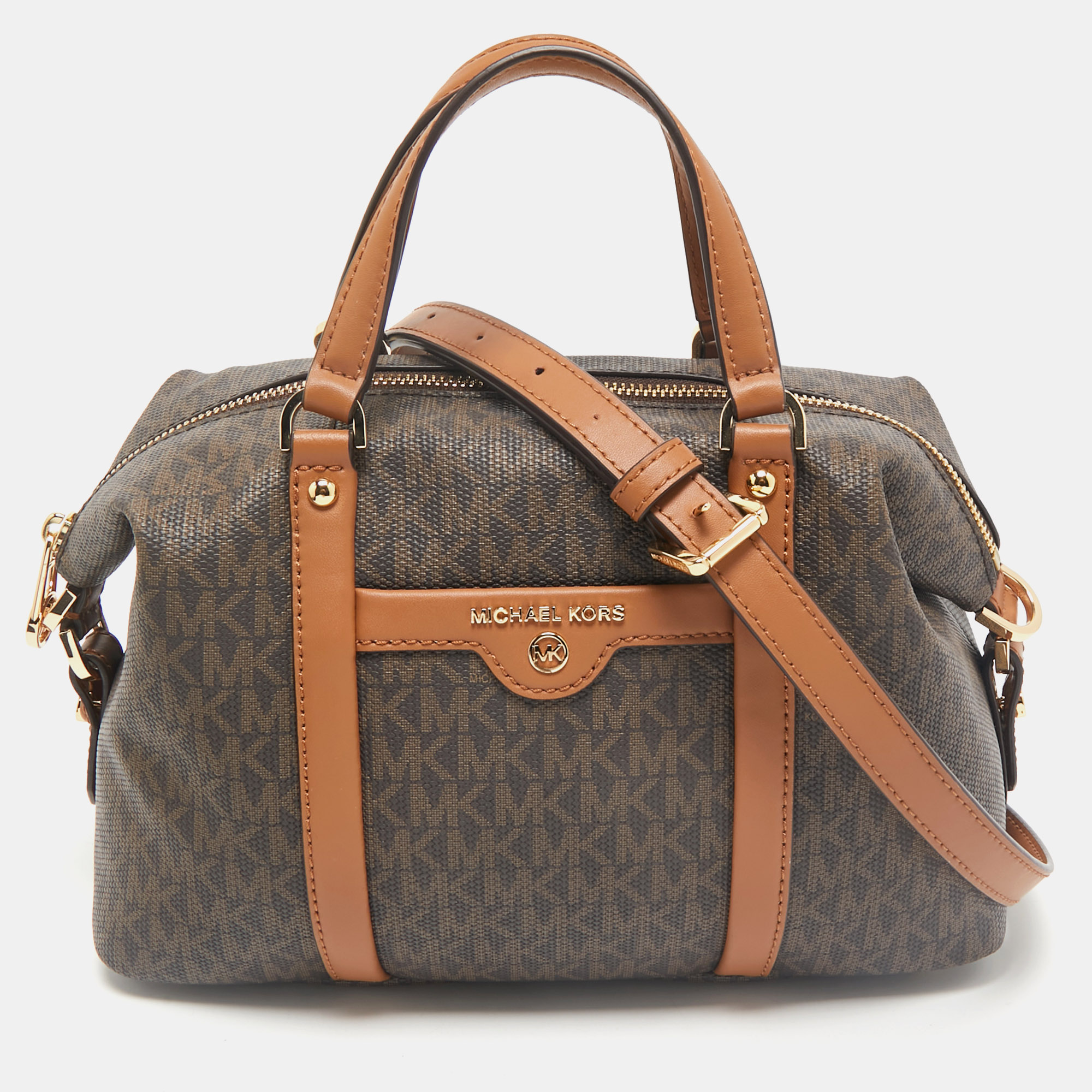 Michael Kors Brown/Tan Signature Coated Canvas and Leather Beck Satchel
Michael Kors Brown/Tan Signature Coated Canvas and Leather Beck Satchel