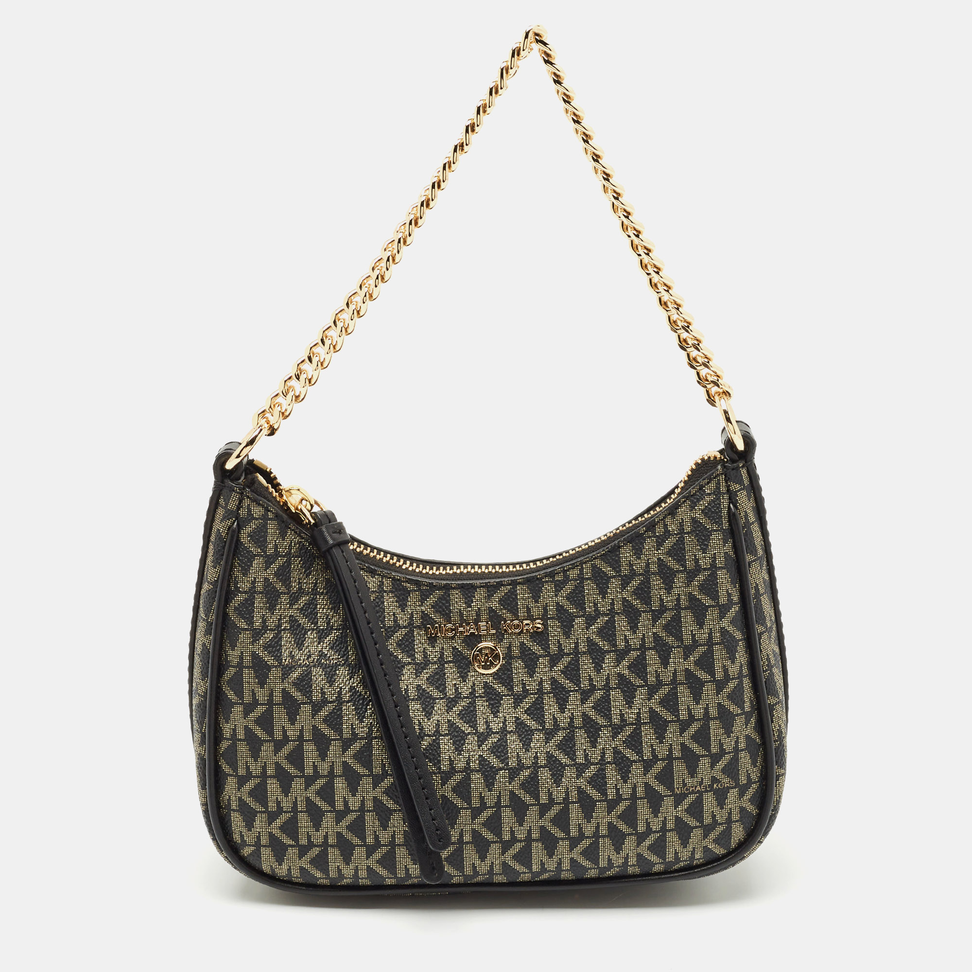 Michael Kors Black/Gold Signature Coated Canvas and Leather Jet Set Charm Pochette Bag
Michael Kors Black/Gold Signature Coated Canvas and Leather Jet Set Charm Pochette Bag