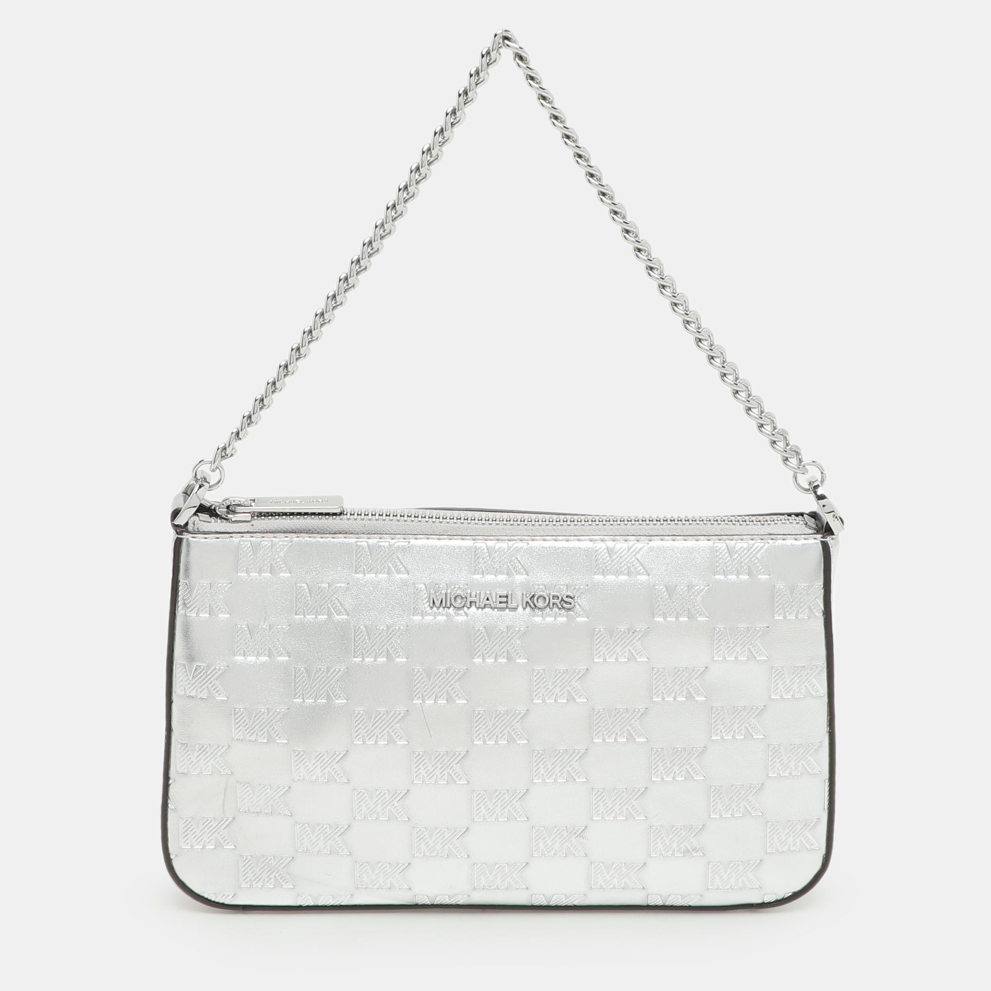 Michael Kors Silver Logo Embossed Leather Jet Set Medium Crossbody Bag
Michael Kors Silver Logo Embossed Leather Jet Set Medium Crossbody Bag