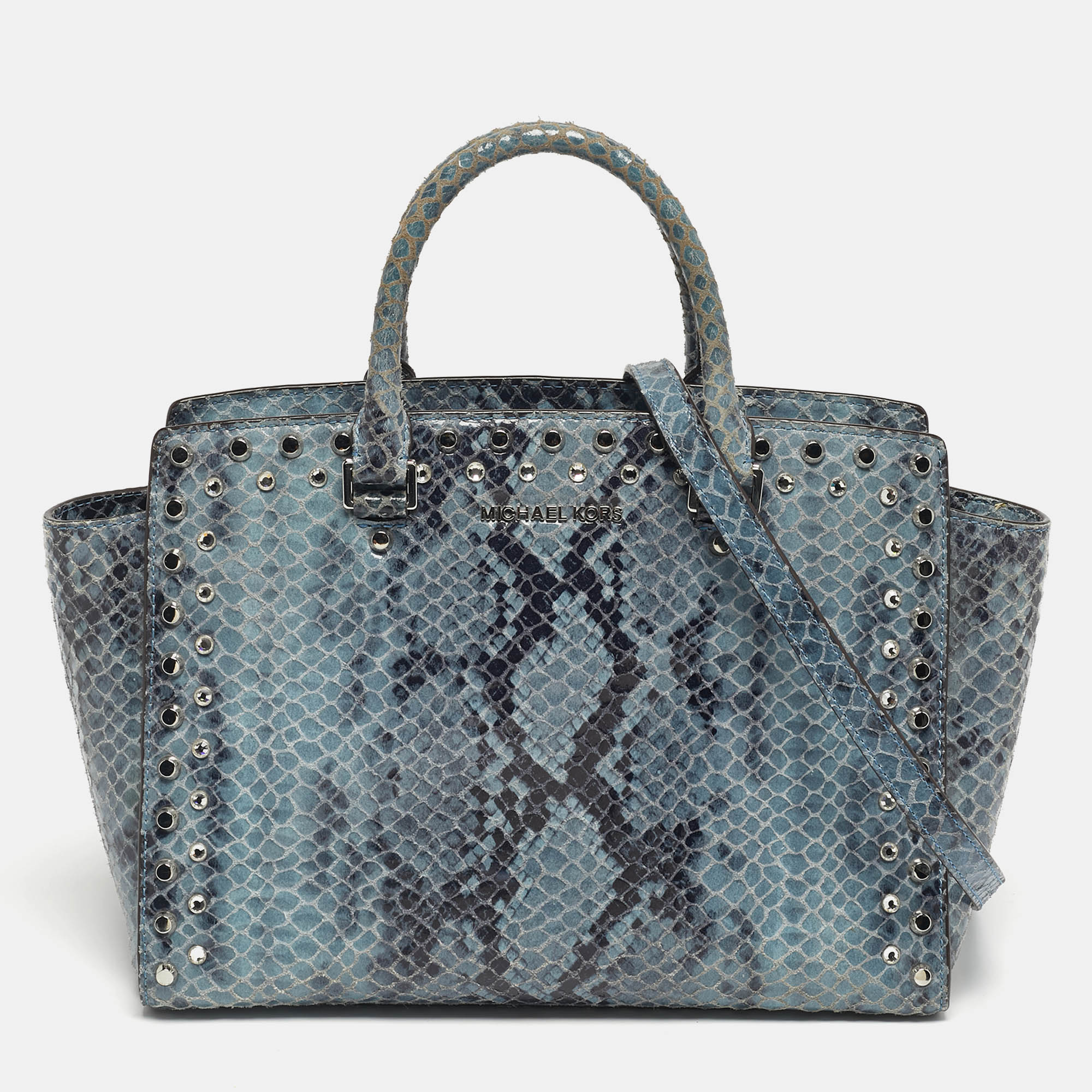 Michael Kors Blue Python Embossed Leather Large Embellished Selma Tote
Michael Kors Blue Python Embossed Leather Large Embellished Selma Tote