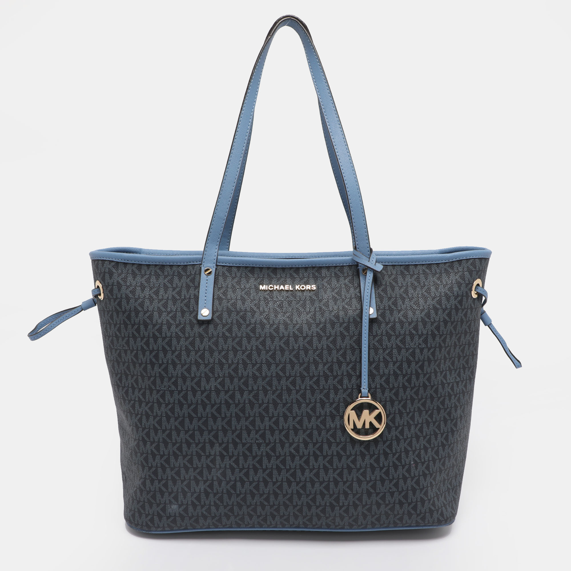 Michael Kors Blue Signature Coated Canvas and Leather Jet Set Travel Tote
Michael Kors Blue Signature Coated Canvas and Leather Jet Set Travel Tote