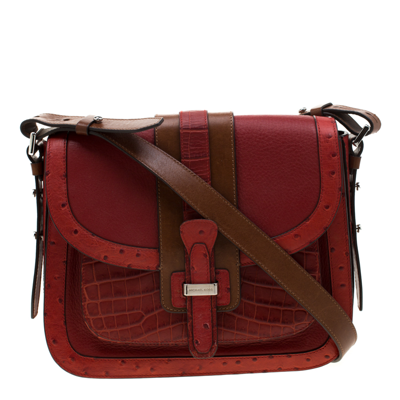 Michael kors red/tan croc/ostrich embossed leather gia saddle bag
