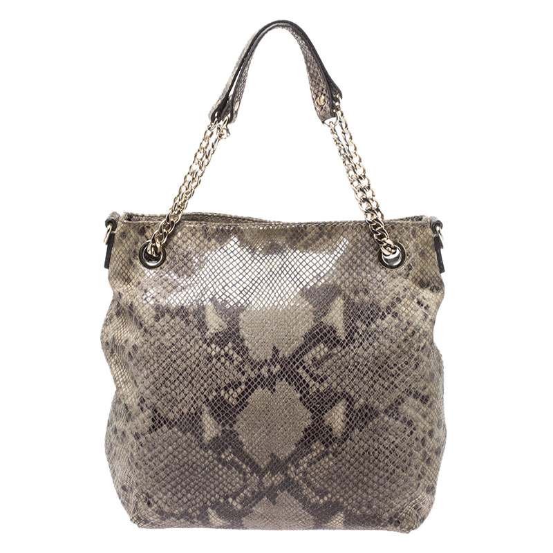 Michael Kors Green/Black Python Embossed Suede Chain Tote