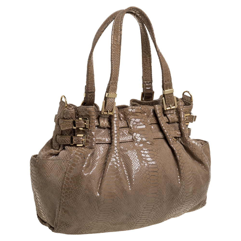 MICHAEL Michael Kors Beige Python Effect Patent Leather Buckle Strap Shoulder Bag