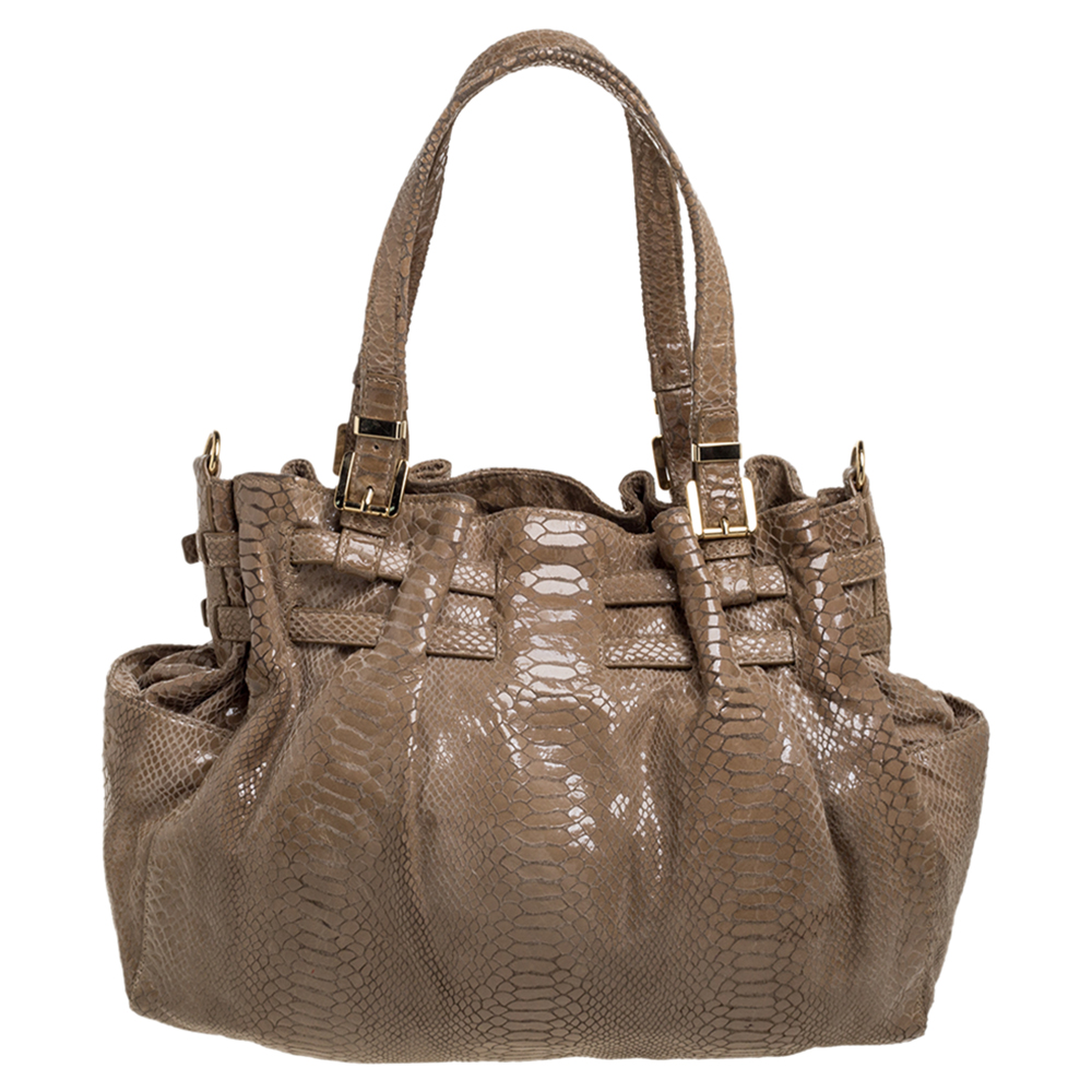 MICHAEL Michael Kors Beige Python Effect Patent Leather Buckle Strap Shoulder Bag