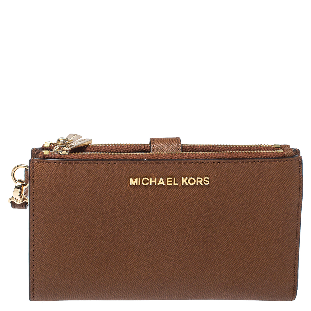 Michael Kors Brown Leather Jet Set Travel Double Zip Wristlet Wallet