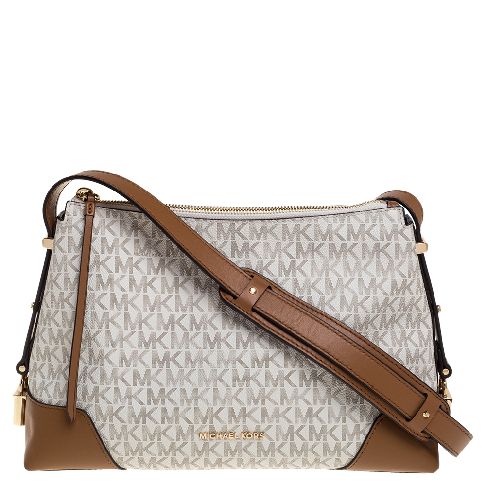 Michael Kors White Signature Coated Canvas and Leather Medium Crosby Messenger Bag