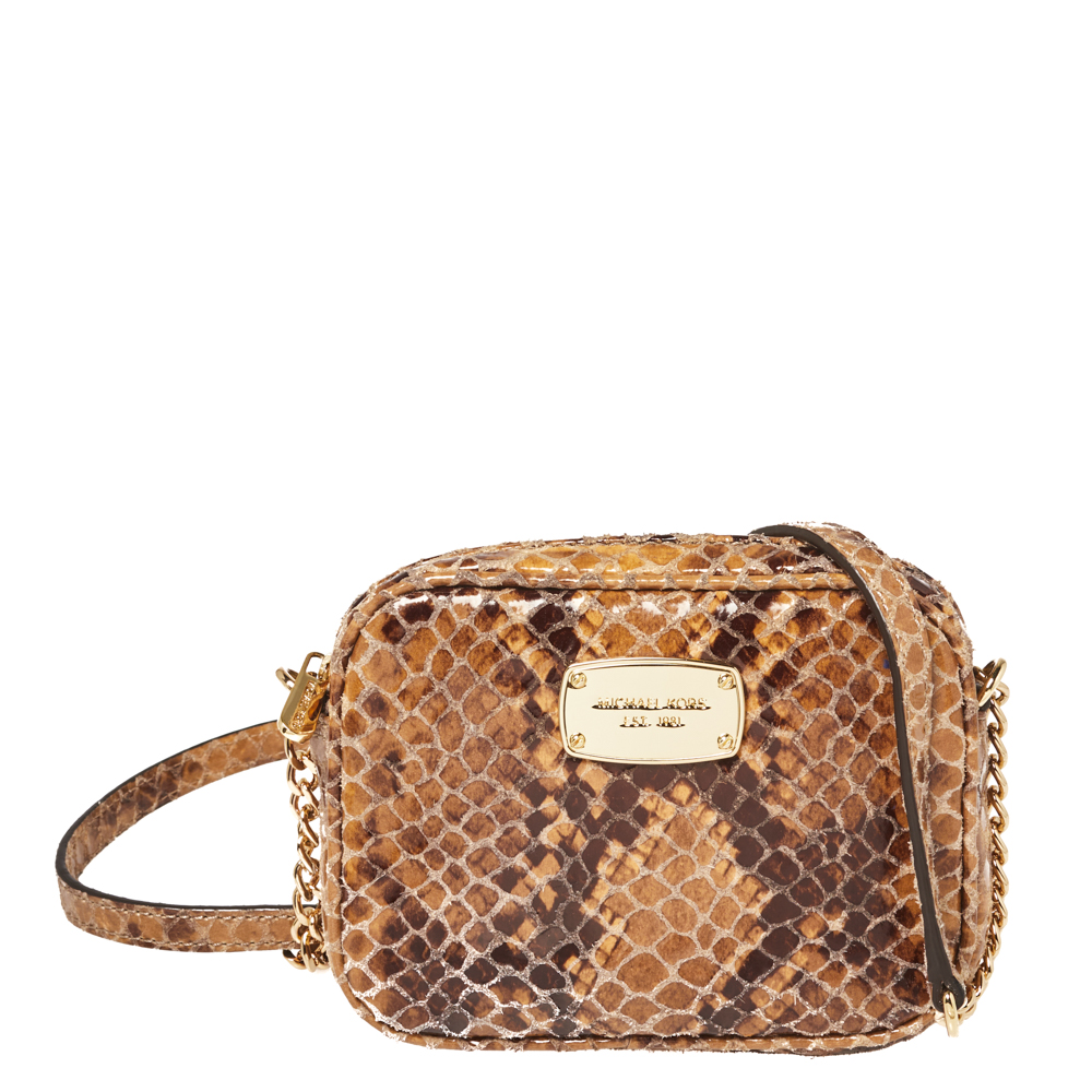 Michael Kors Brown Python Embossed Leather Wallet On Chain