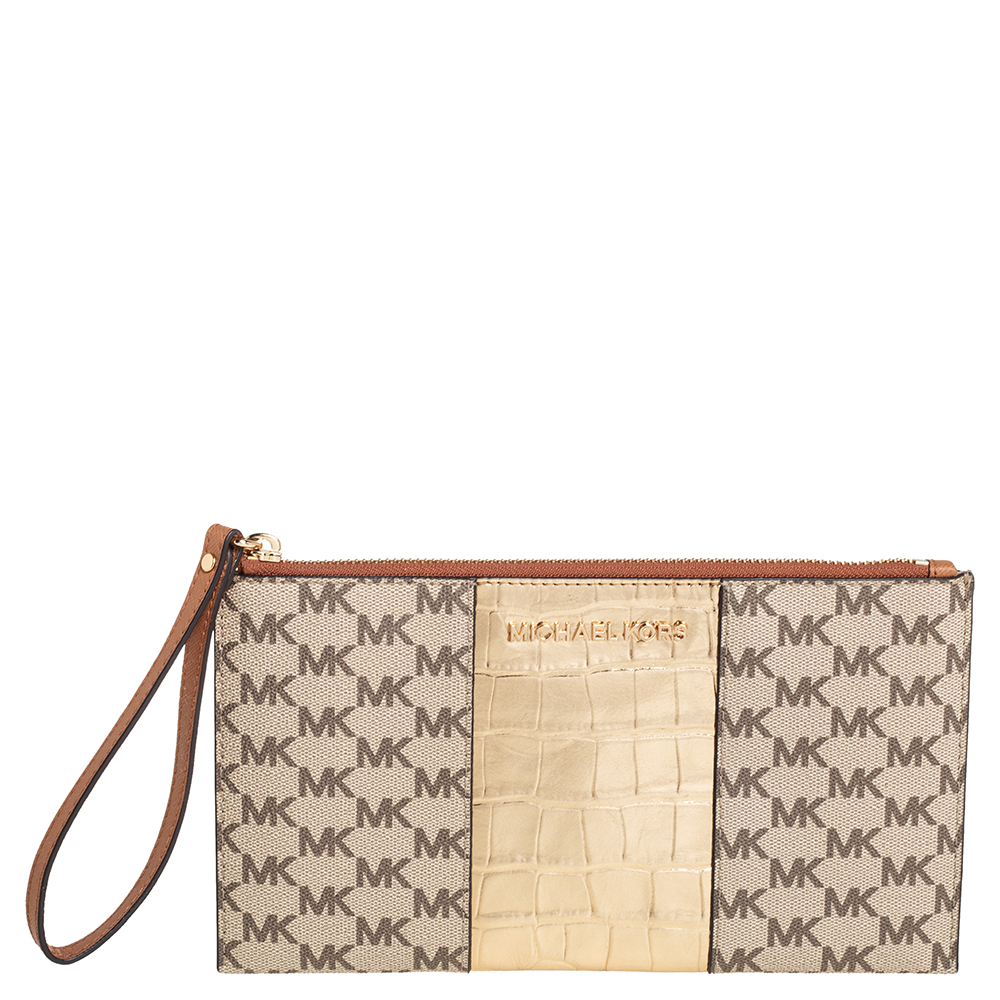 Michael Kors Beige/Gold Croc Embossed Leather and Signature Coated Canvas Large Jet Set Wristlet Clutch