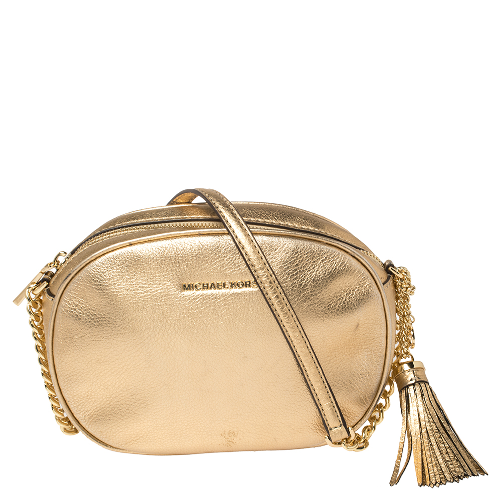 Michael Kors Metallic Gold Leather Medium Ginny Crossbody Bag