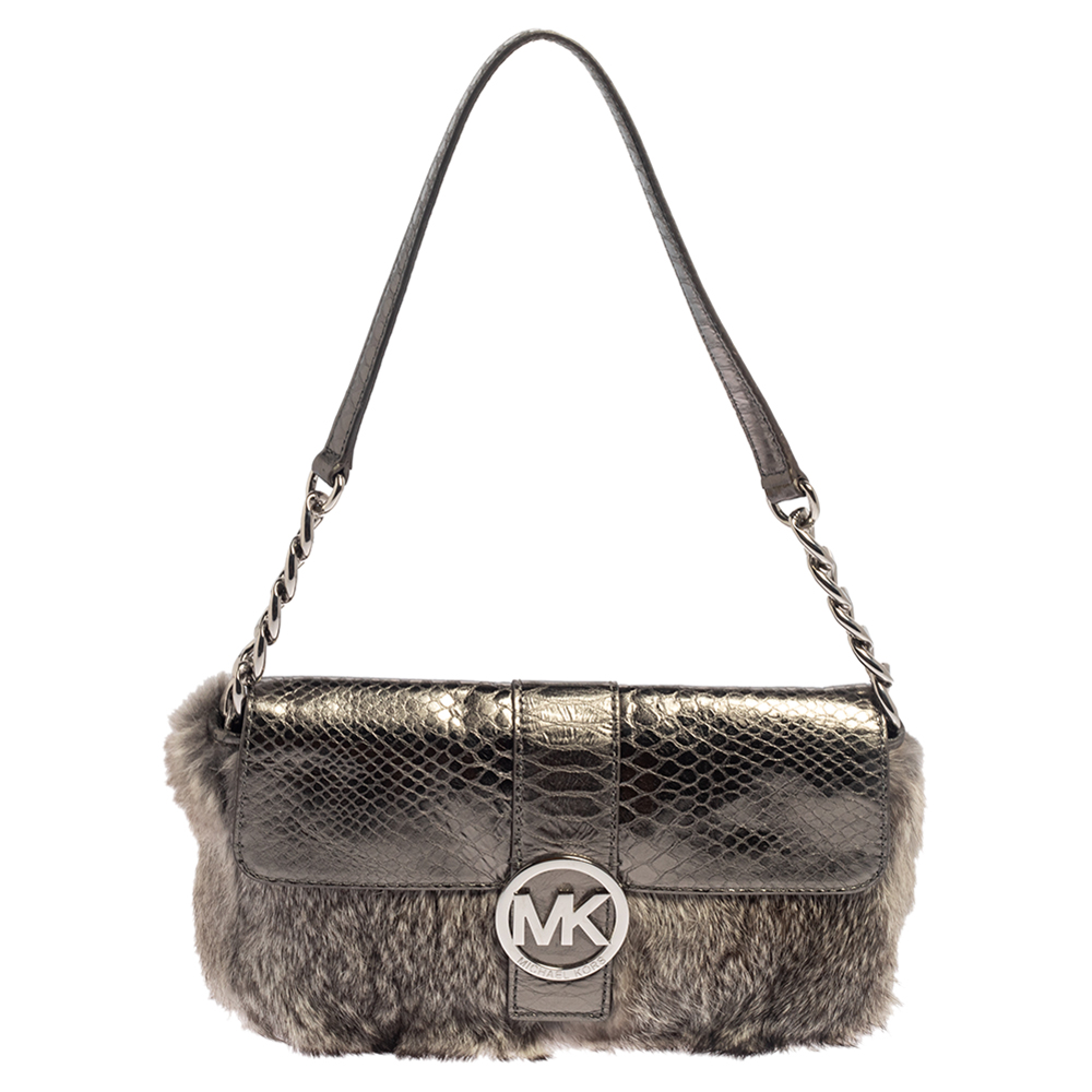 Michael kors metallic grey python embossed leather and rabbit fur fulton baguette