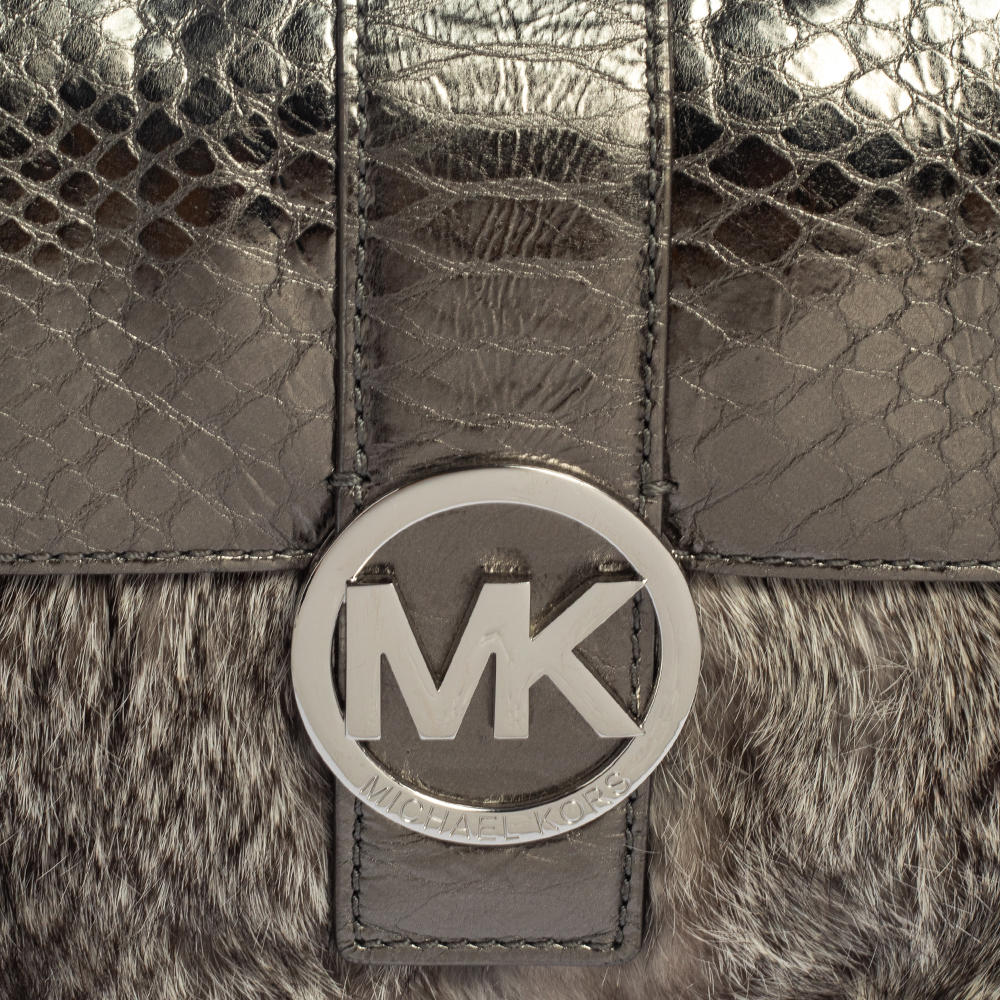 Michael Kors Metallic Grey Python Embossed Leather And Rabbit Fur Fulton Baguette