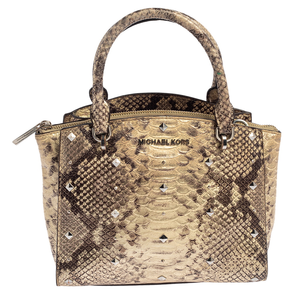 Michael Kors Metallic Gold and Black Python Embossed Leather Tote