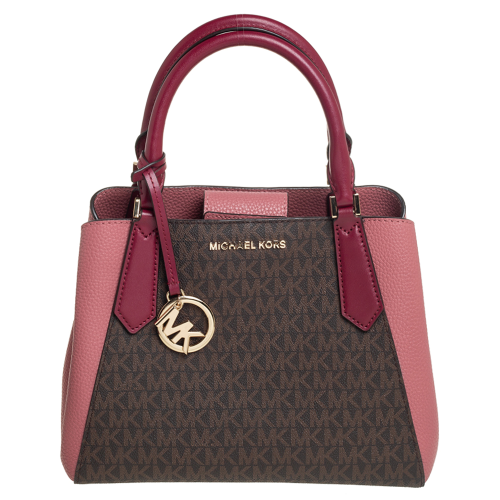 Michael Kors Pink/Brown Signature Coated Canvas and Leather Kimberly Satchel