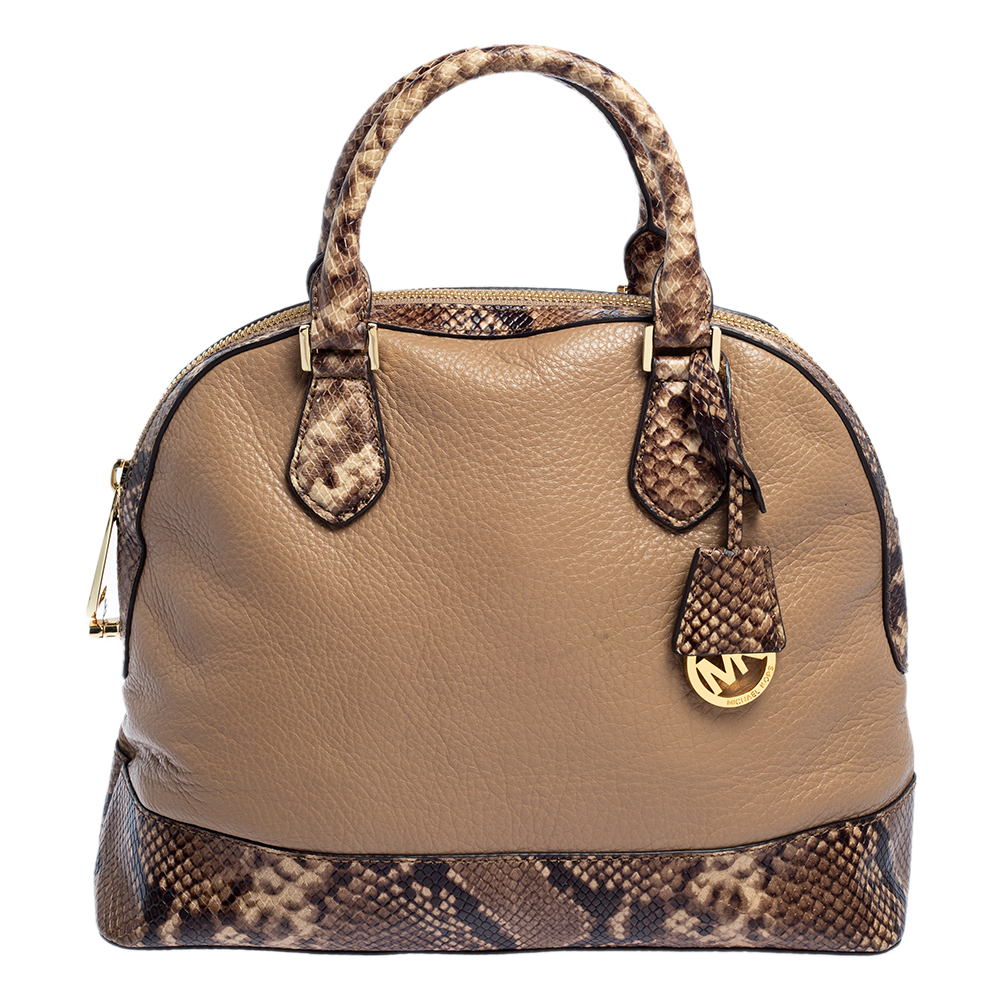 Michael Kors Beige/Brown Leather and Python Embossed Leather Smythe Satchel