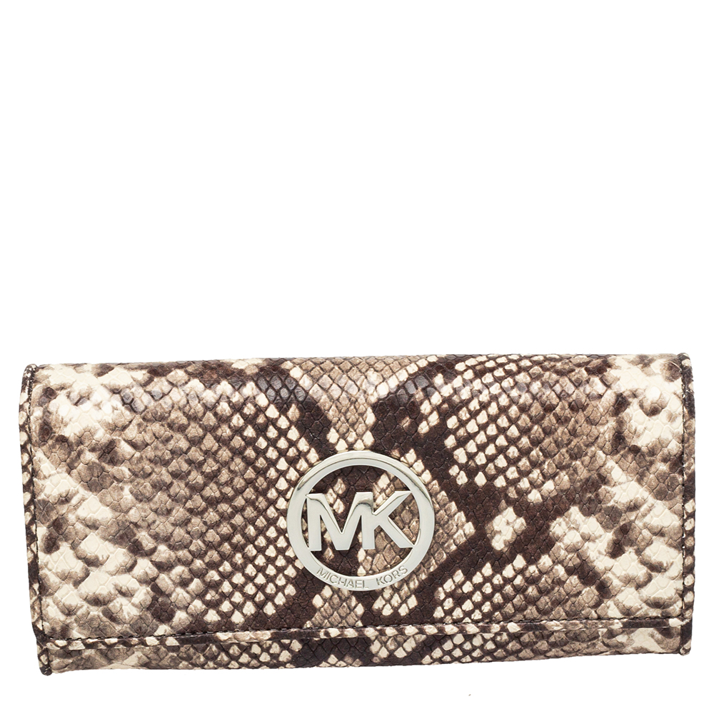 Michael Kors White/Brown Python Embossed Leather Flap Continental Wallet