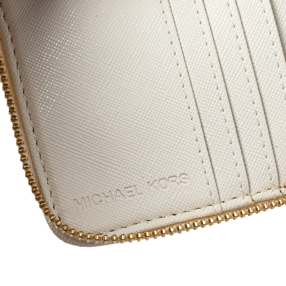 Micheal Kors White Signature Coated Canvas Zip Around Compact Wallet