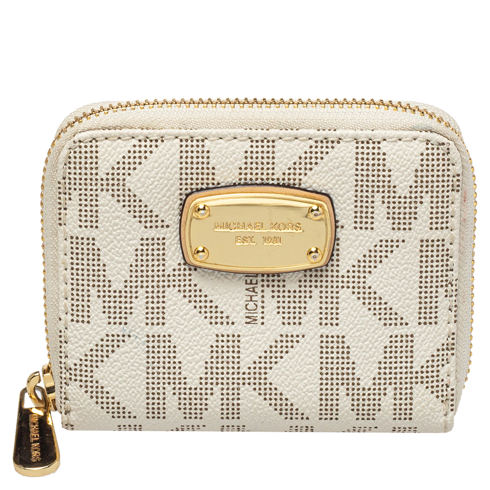 Micheal Kors White Signature Coated Canvas Zip Around Compact Wallet