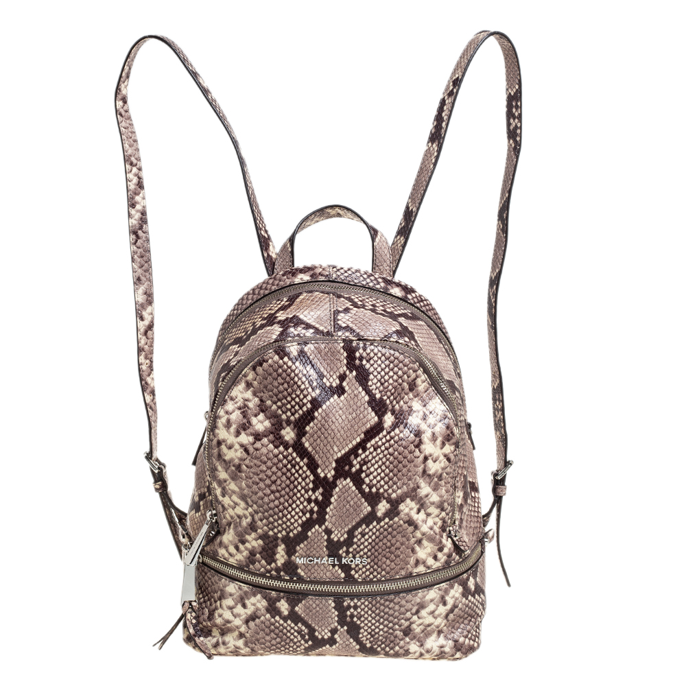 Michael Kors Beige/Brown Python Embossed Leather Small Rhea Backpack