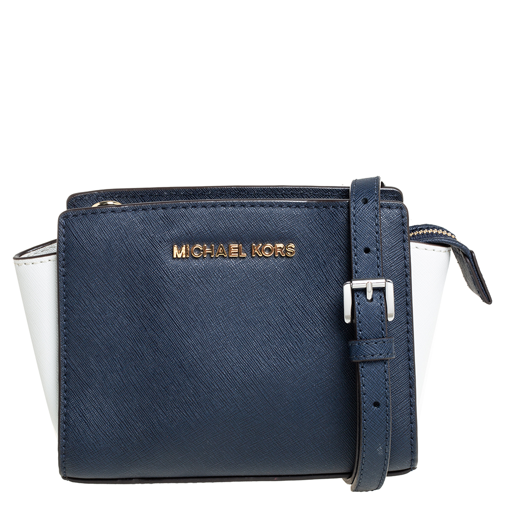 Michael Kors Navy Blue/White Leather Mini Selma Crossbody Bag