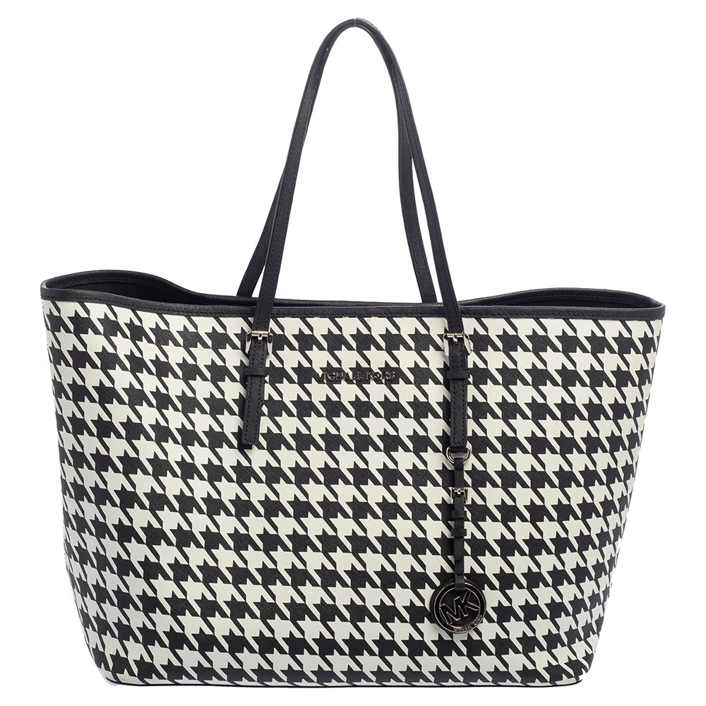 Michael Kors Hounds tooth Printed Leather Jet Set Travel Tote